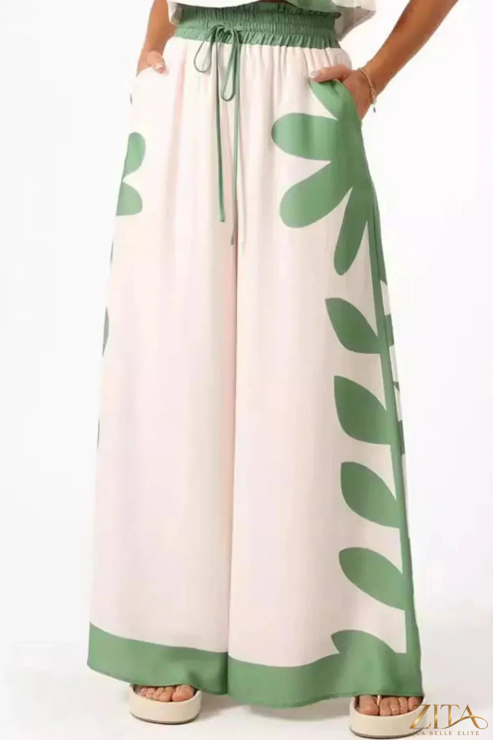 Zita La Belle Elite leaf print tank top and pants set featuring a stylish, coordinated floral design on lightweight fabric.