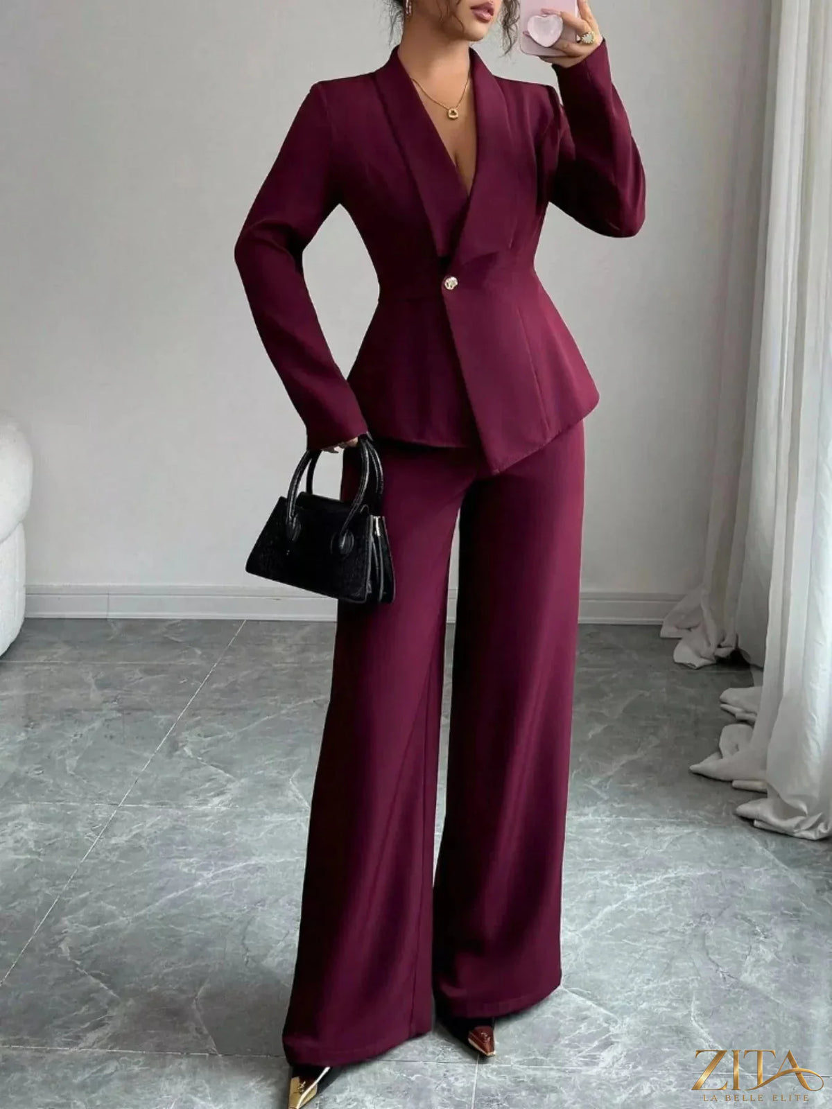 Zita La Belle Elite one-button blazer and matching pants set in a stylish, tailored design for women.