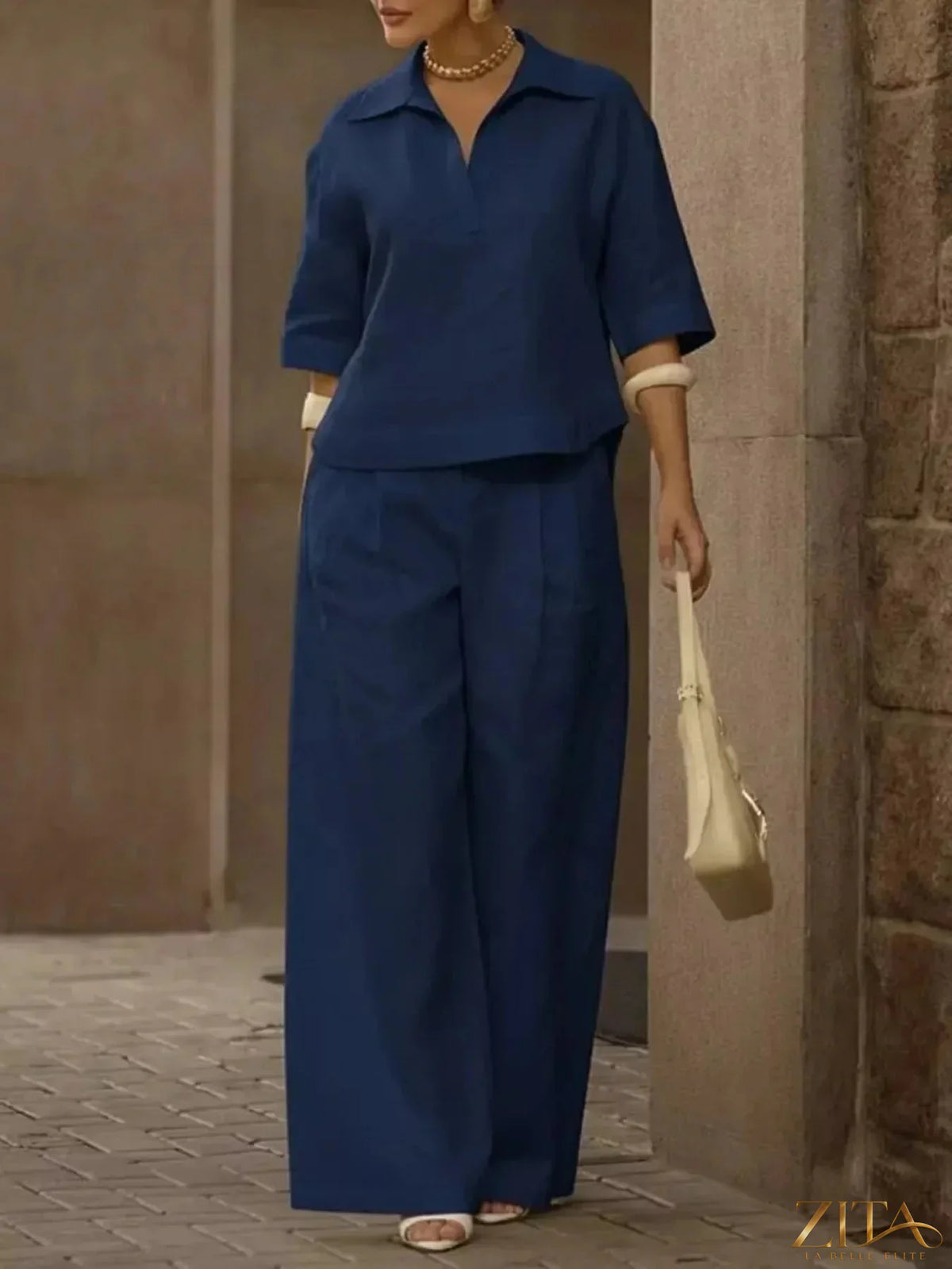 Plus size Zita La Belle Elite 3/4 sleeve top and wide-leg pants two-piece set, casual and comfortable clothing ensemble.