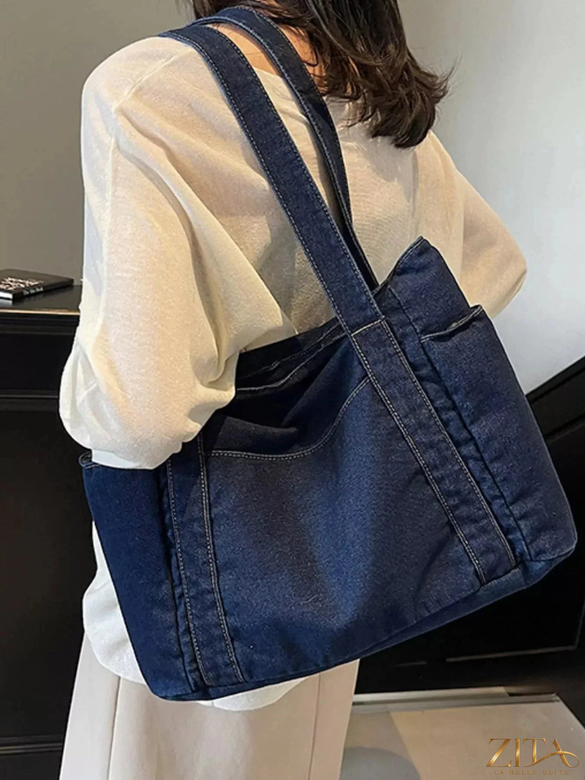 Zita La Belle Elite denim tote shoulder bag with sturdy straps and spacious interior, perfect for casual everyday use.