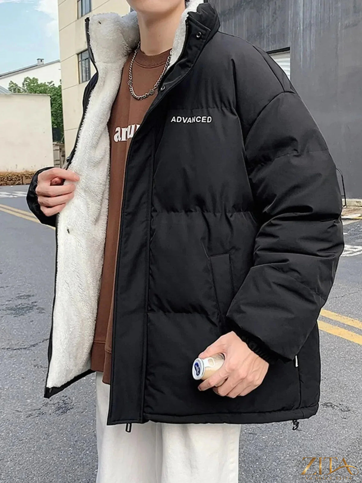 Men's plus size quilted puff jacket by Zita La Belle Elite with snap-down front, featuring a stylish, padded design for warmth.
