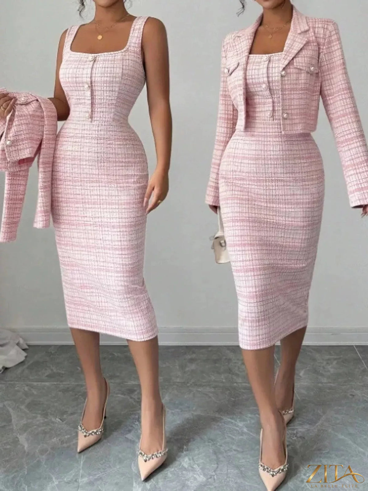 Zita La Belle Elite tweed square neck dress and matching cardigan set, displayed on a model with neutral background.