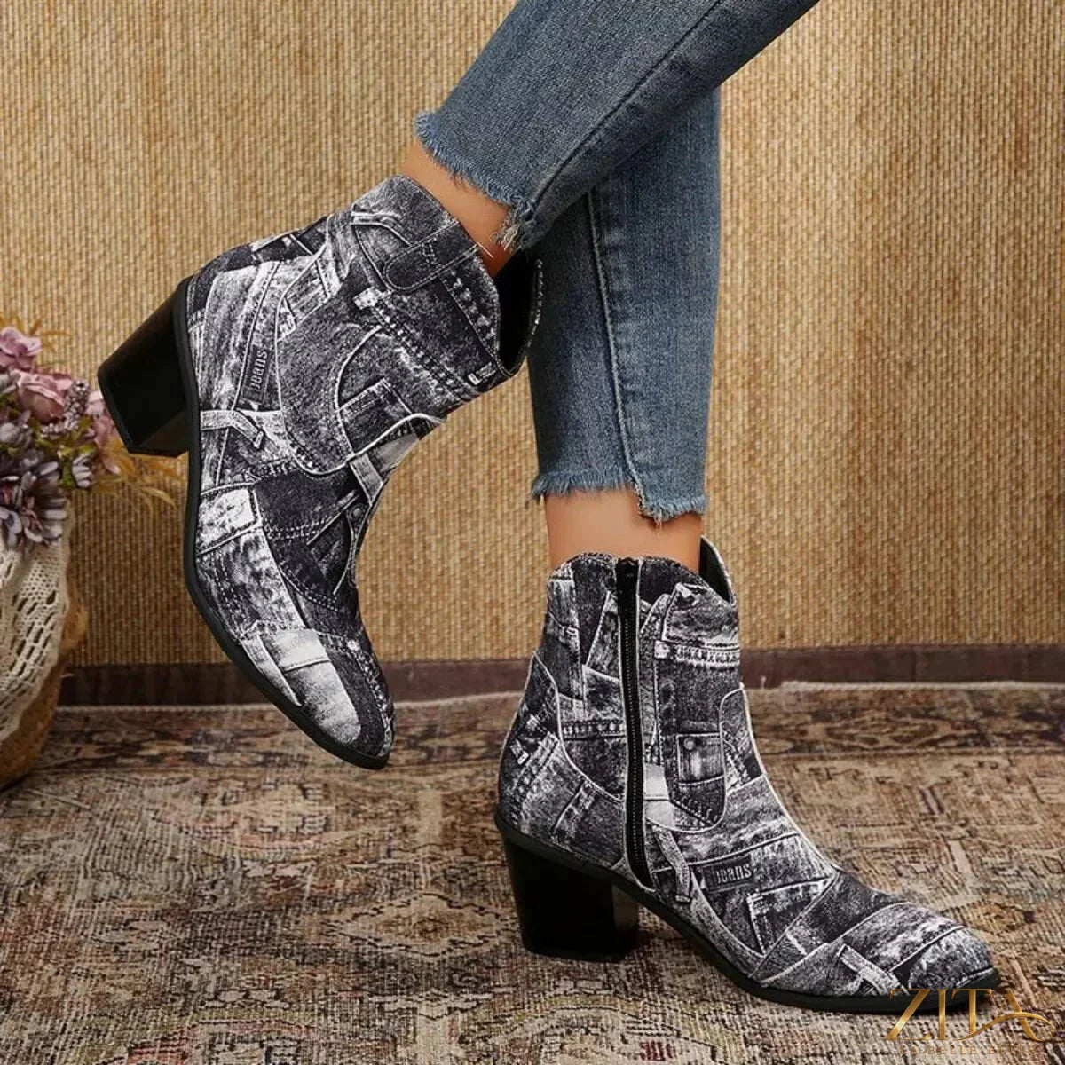 Zita La Belle Elite point toe block heel boots in black leather, featuring sleek design and sturdy block heels.