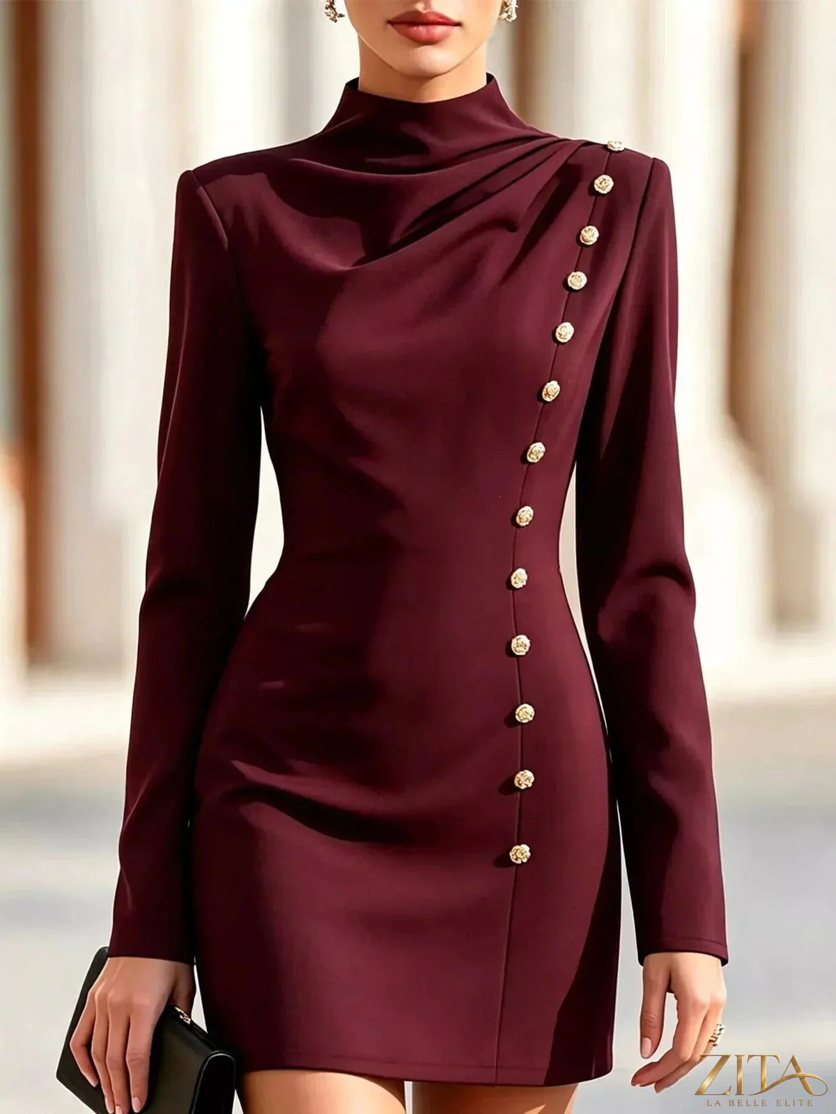 Plus size Zita La Belle Elite mini dress with full-size decorative buttons and mock neck, showcasing a stylish and fitted design.