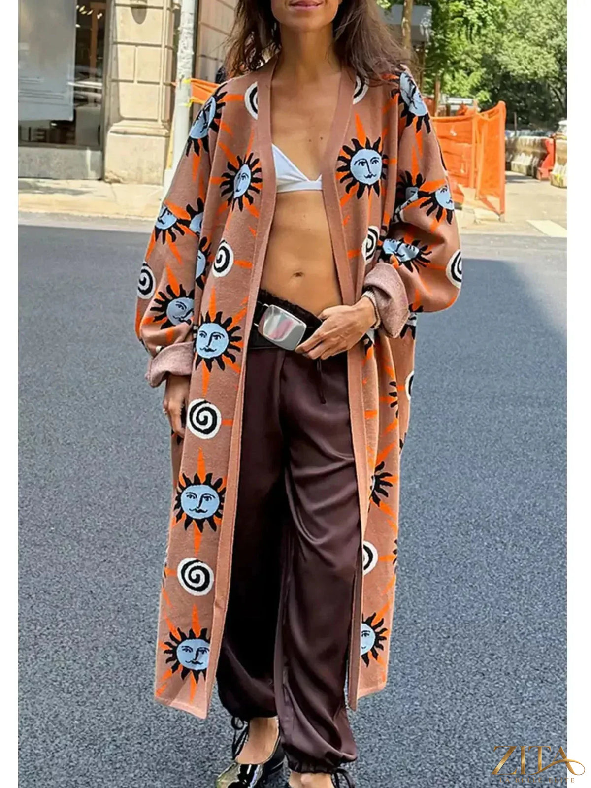Zita La Belle Elite sun graphic top, cardigan, and pants 3-piece sweater set featuring bright sun design and cozy knit fabric.