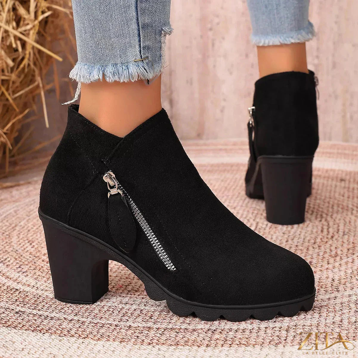 Zita La Belle Elite round toe block heel boots in black leather, featuring a sturdy heel and sleek design.