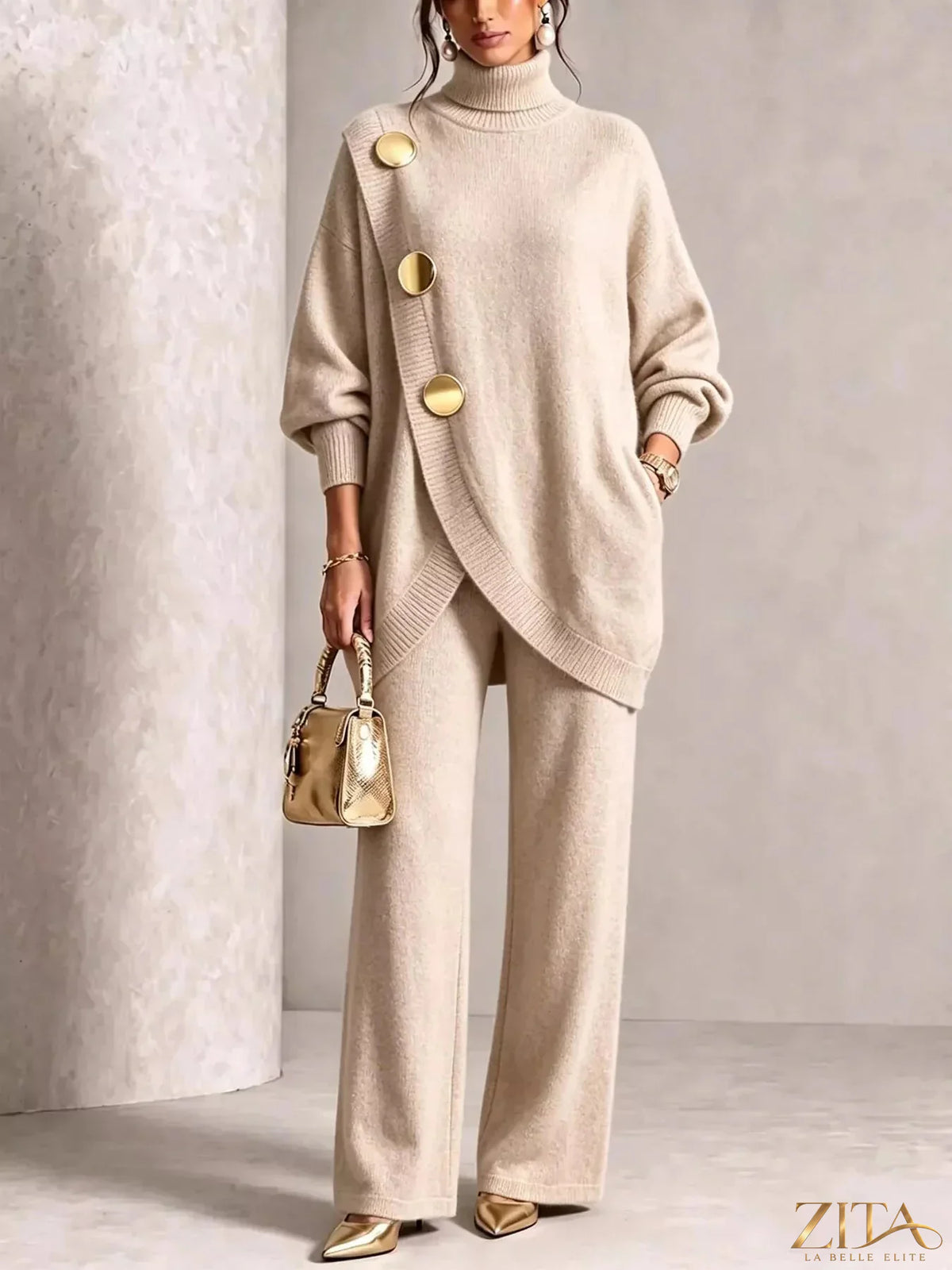 Gold button accent turtleneck sweater and pants set by Trendsi, featuring a cozy knit design and stylish gold button details.
