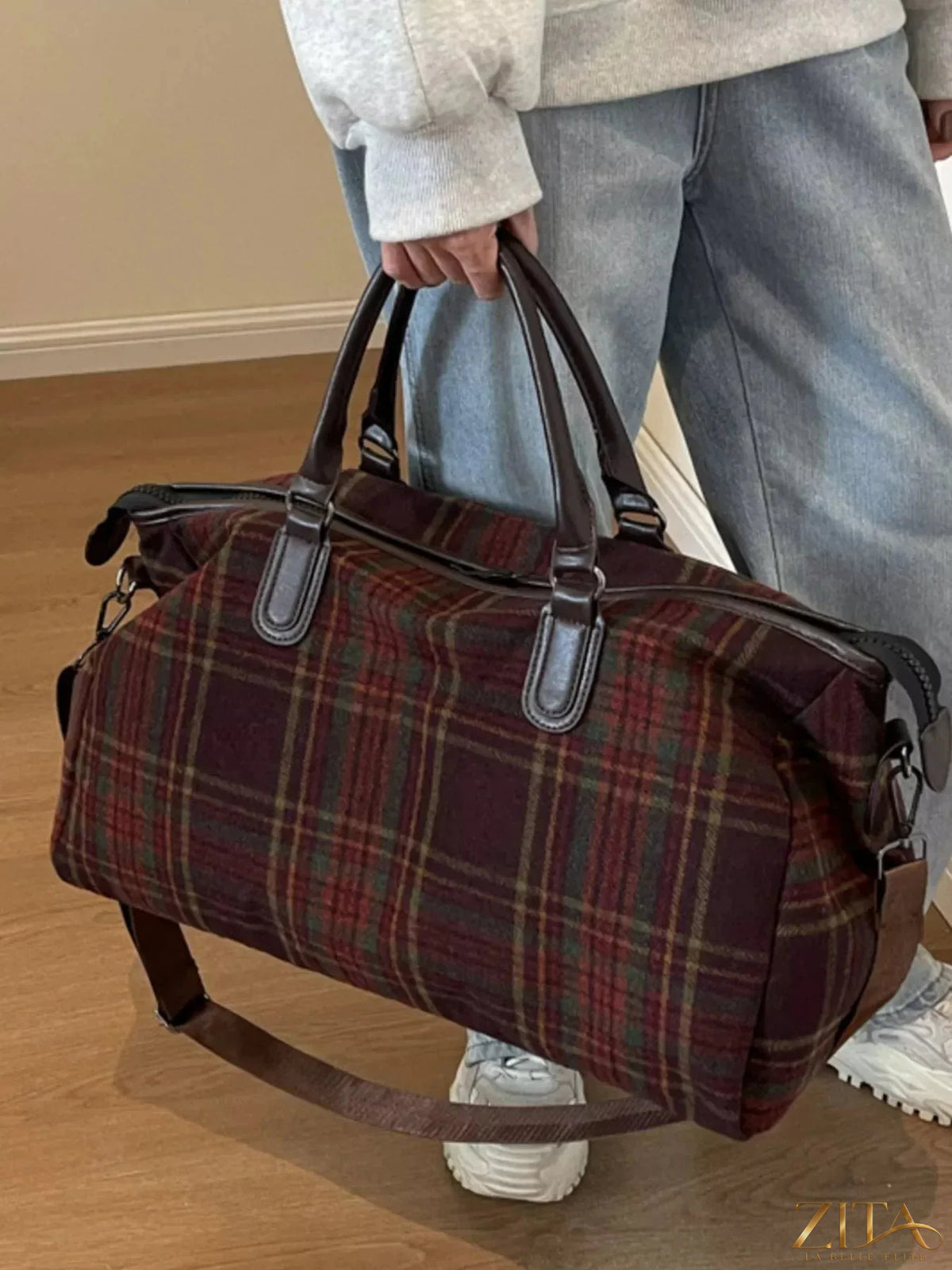 Vintage plaid pattern travel bag by Zita La Belle Elite with leather accents and spacious interior, perfect for stylish travel.