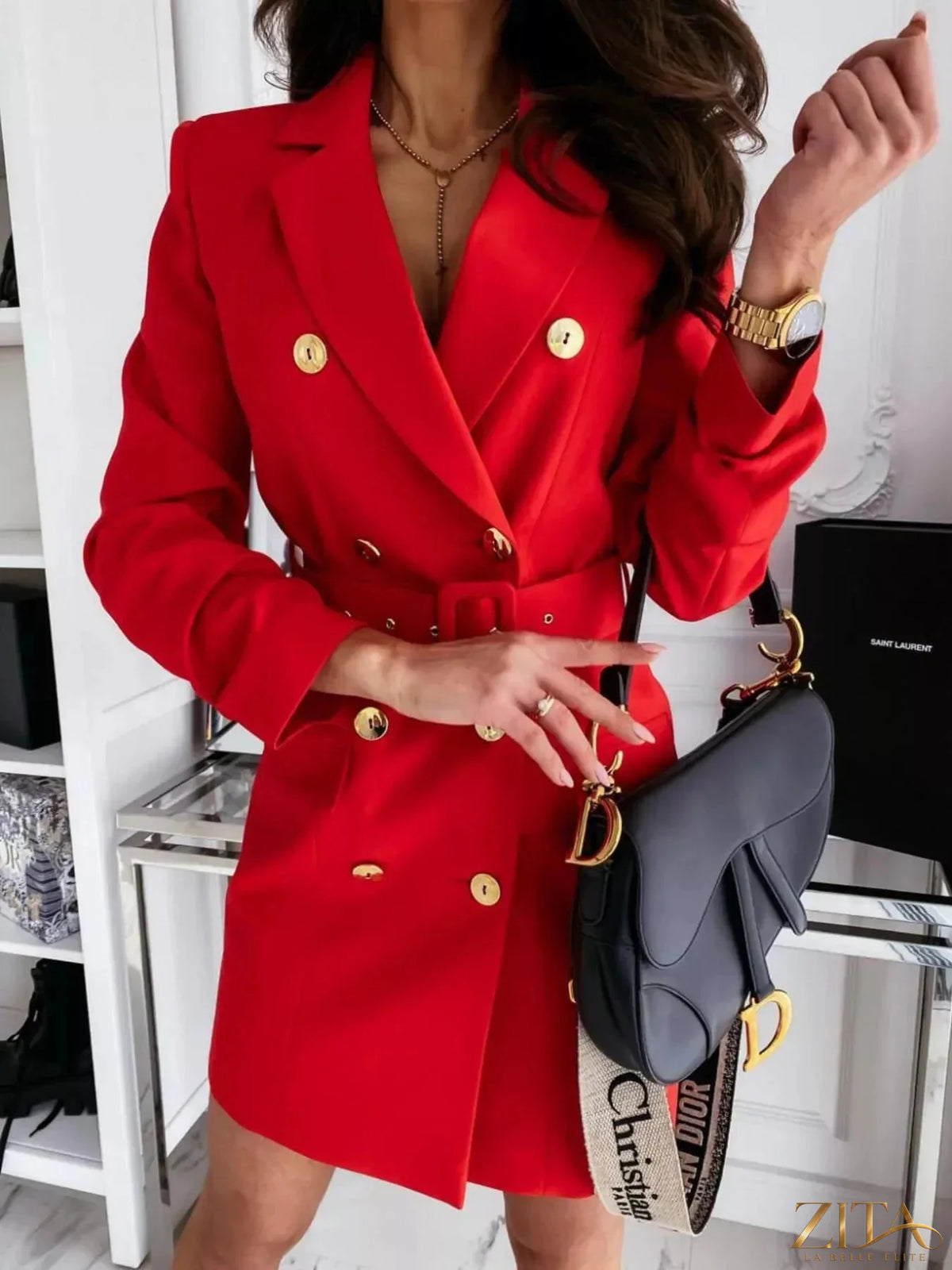 Zita La Belle Elite double-breasted belted blazer dress featuring a tailored fit and classic lapel design, shown on a model.