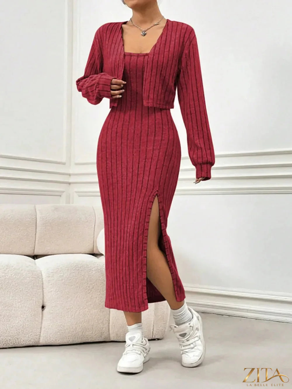 Zita La Belle Elite ribbed long sleeve cropped cardigan and slit cami dress set displayed on a model.