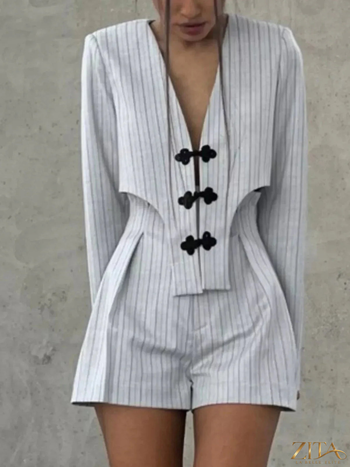 Zita La Belle Elite pinstripe cropped blazer and pleated shorts set, stylish women's fashion ensemble, front view.