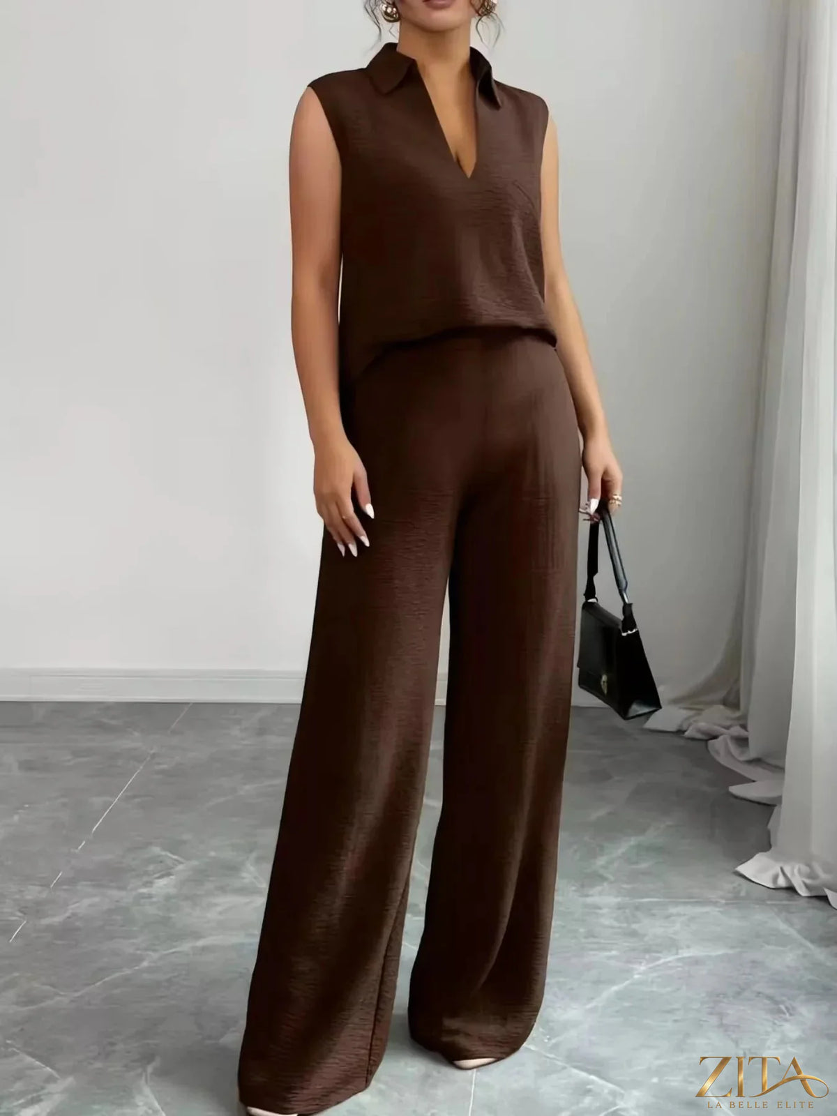 Zita La Belle Elite sleeveless top and wide-leg pants set in stylish fabric, displayed on a mannequin.