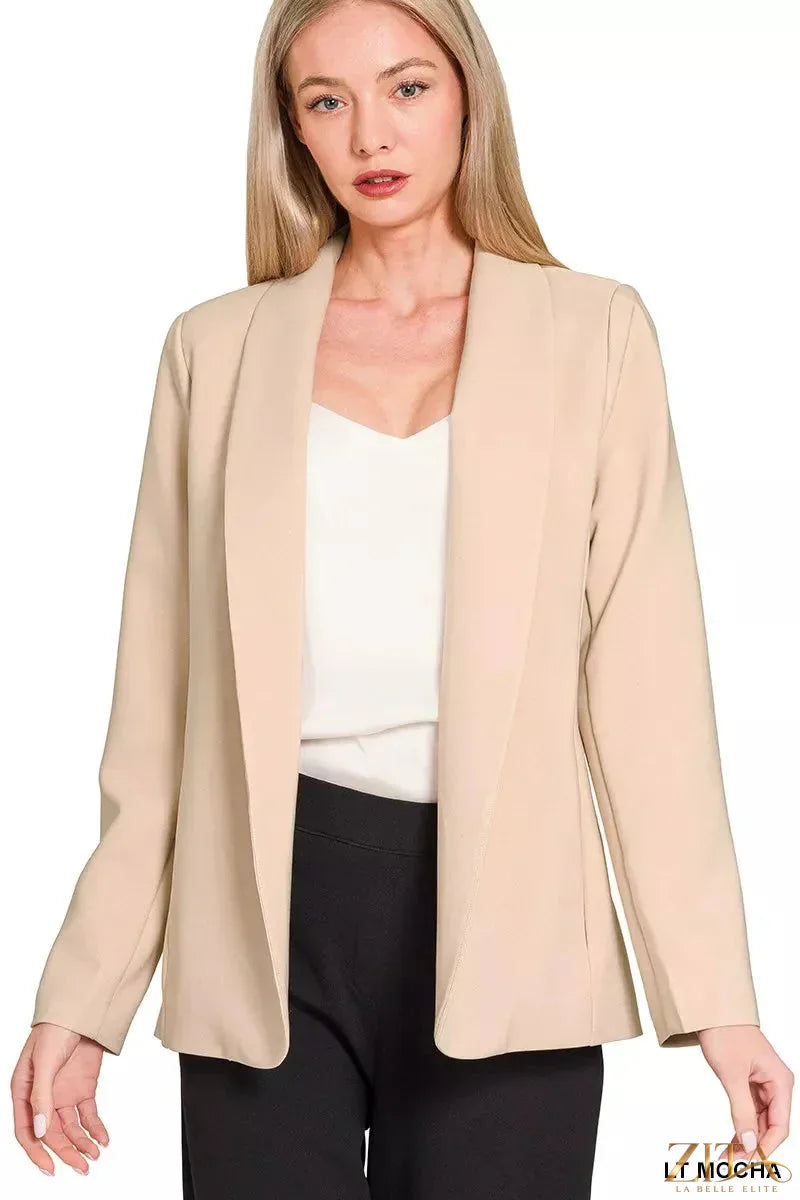 Zita La Belle Elite Zenana woven long sleeve blazer with lining, featuring tailored fit and classic design, shown on a hanger.
