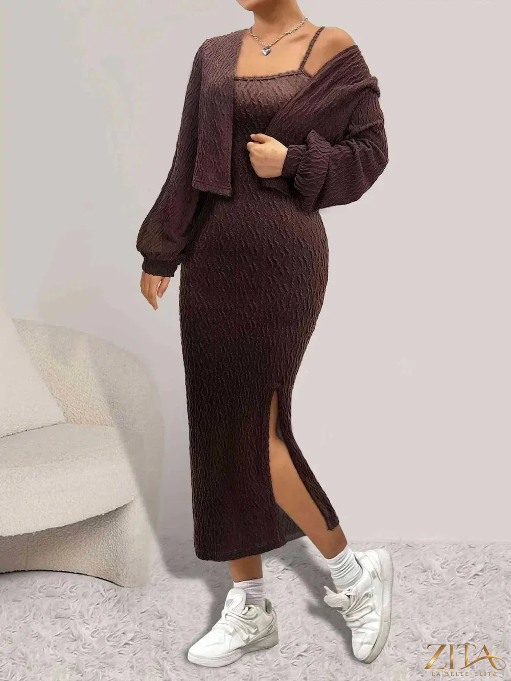 Zita La Belle Elite open front long sleeve cardigan and side slit cami dress set in soft, flowy fabric, styled for casual wear.