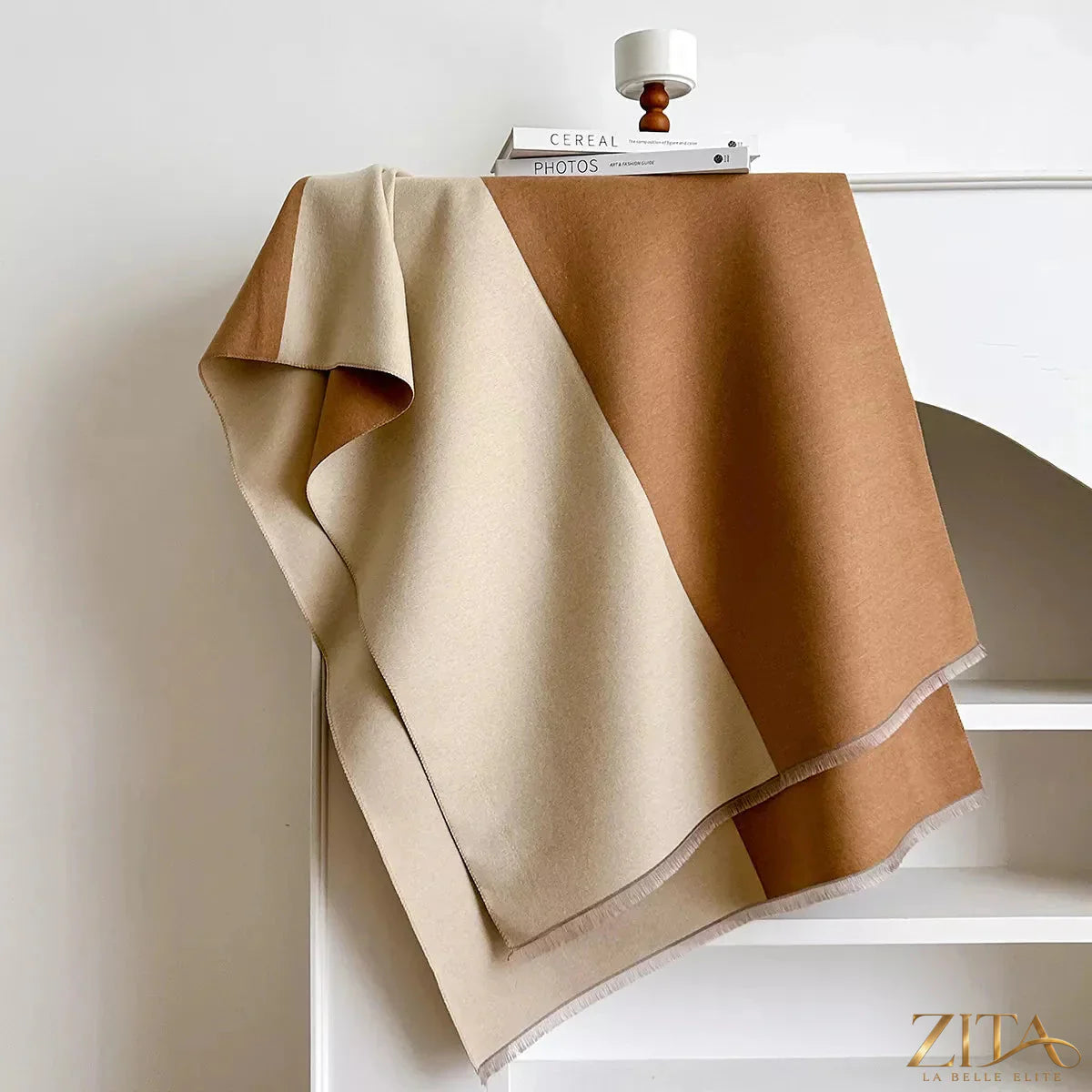 Two-tone raw hem scarf by Zita La Belle Elite, featuring soft fabric and stylish raw edge design.