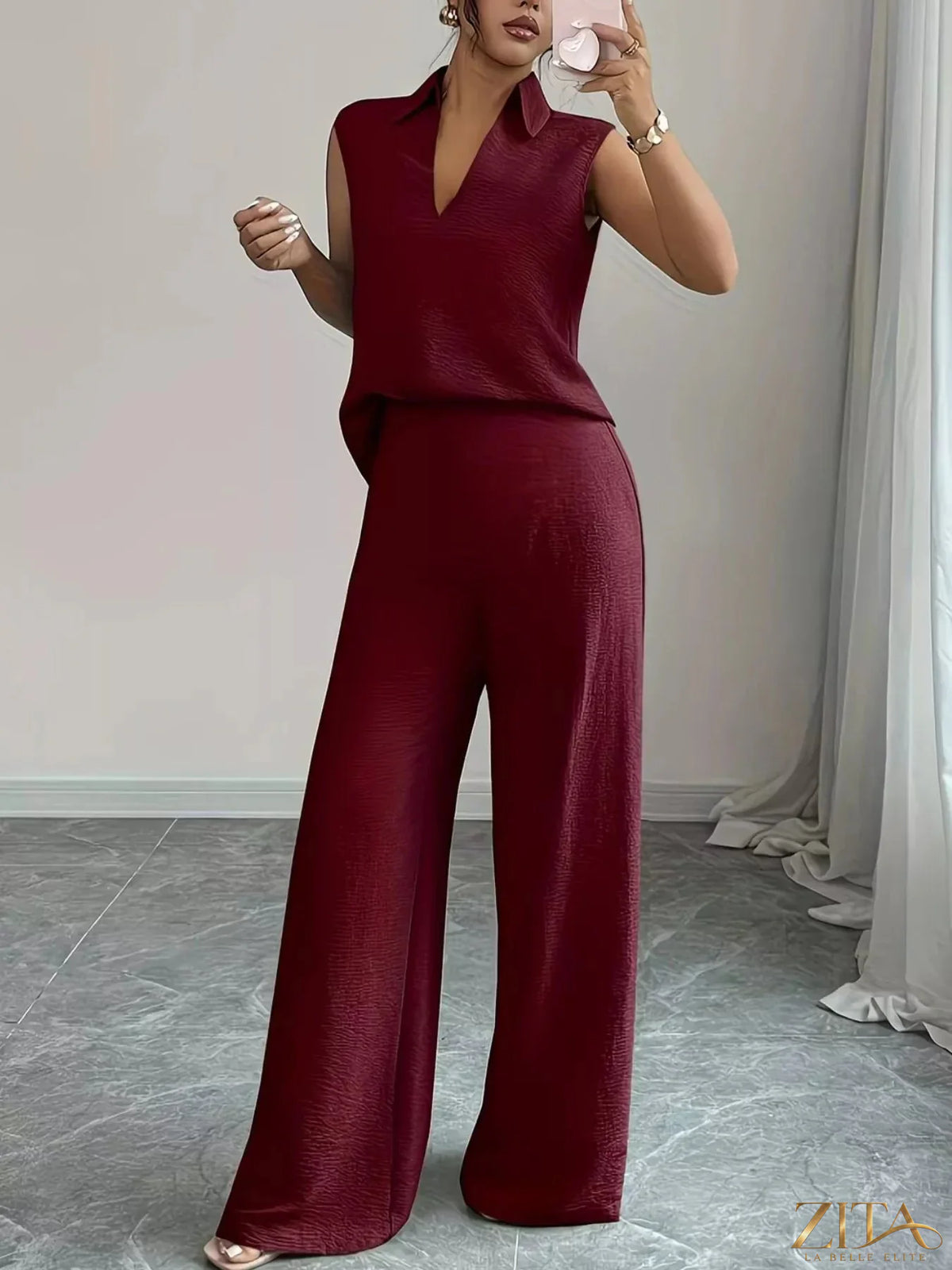 Zita La Belle Elite sleeveless top and wide-leg pants set in soft fabric, displayed on a mannequin against a neutral background.