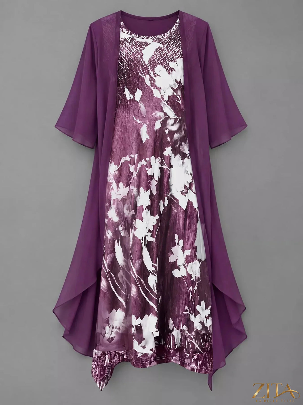 Plus size floral print midi dress and chiffon cardigan set by Zita La Belle Elite, featuring a vibrant floral pattern and flowy fabric.