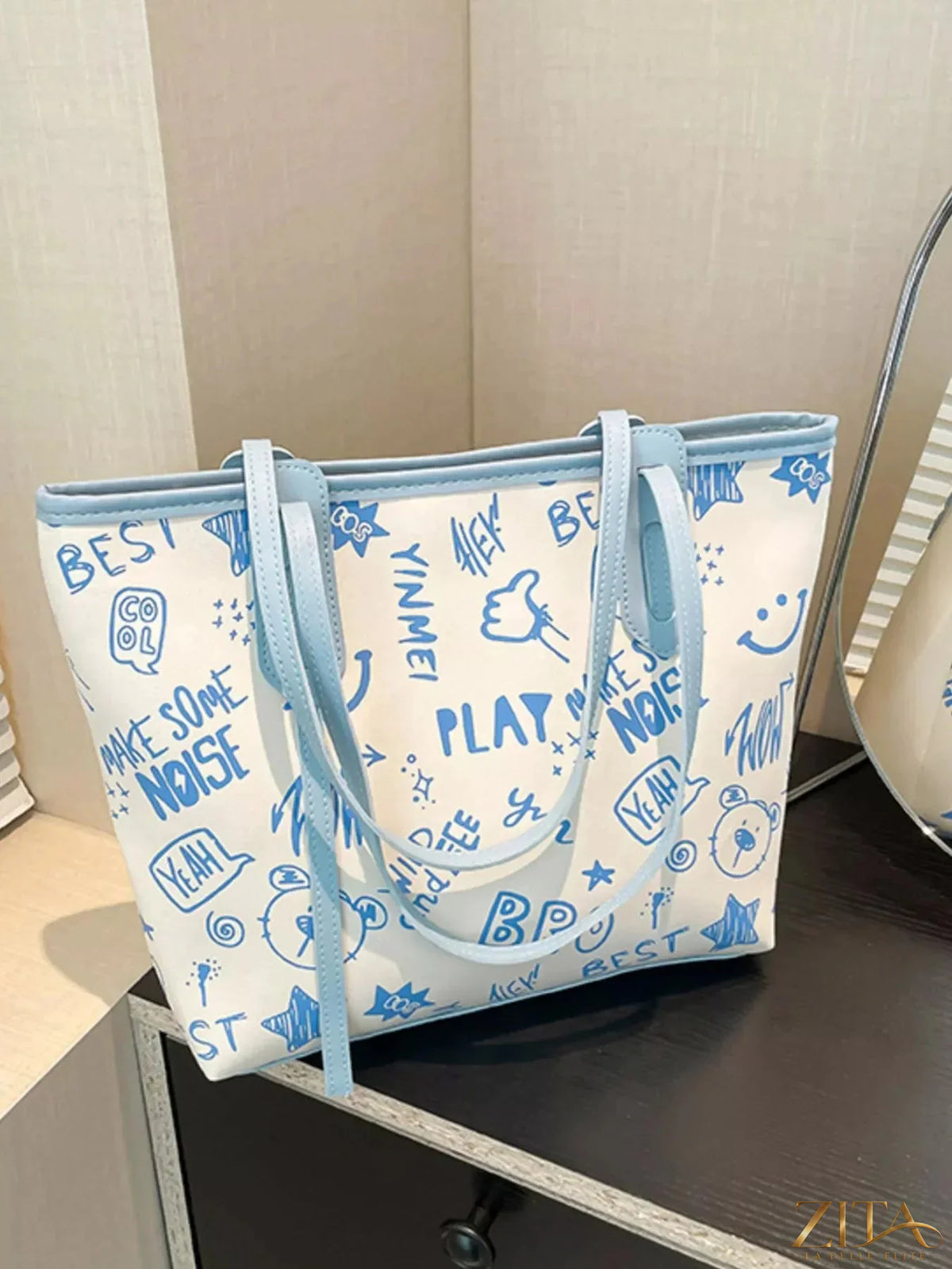 Zita La Belle Elite graffiti print casual tote bag with colorful urban artwork and sturdy handles on white background.