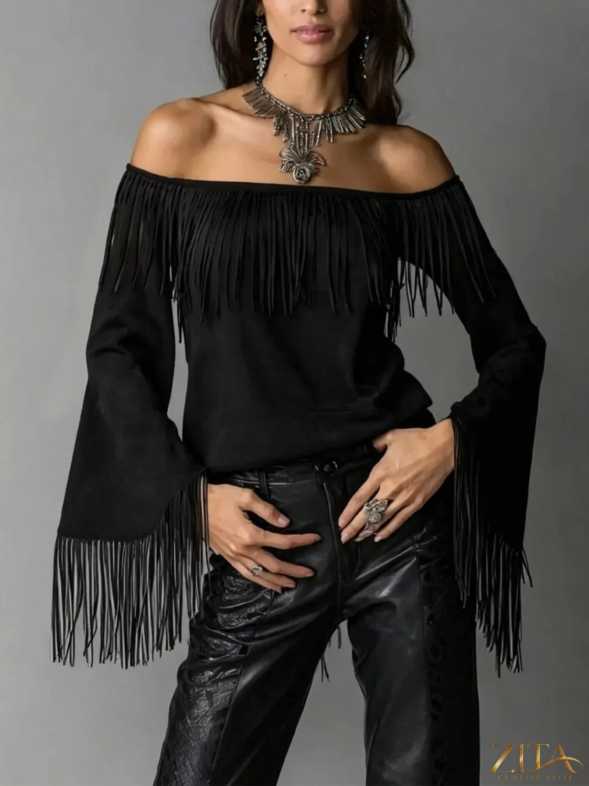 Zita La Belle Elite boho chic off-shoulder suede top with fringed details, stylish and trendy for casual wear.