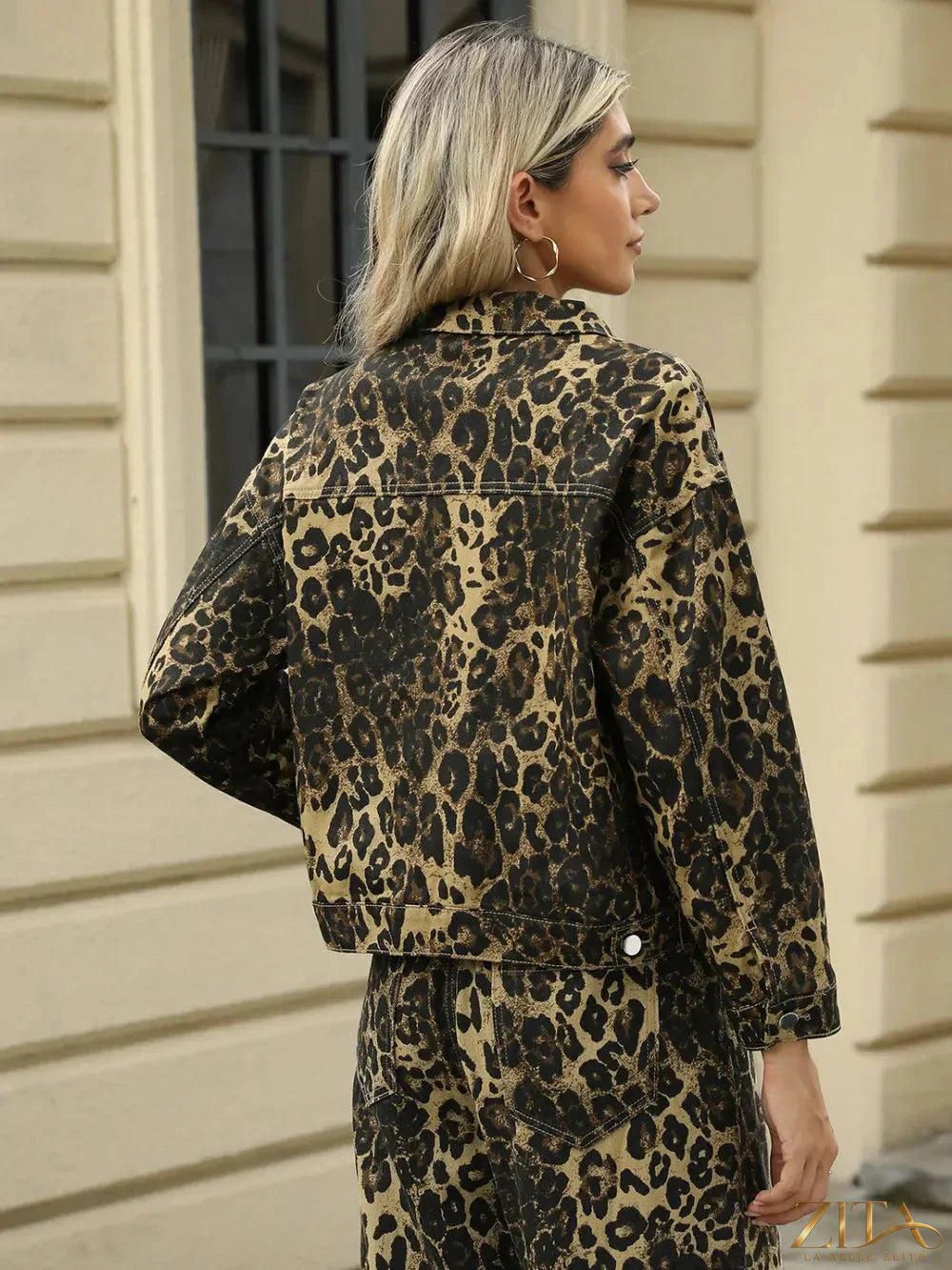 Leopard print long sleeve denim jacket with pockets from Zita La Belle Elite, featuring a stylish, fitted design.