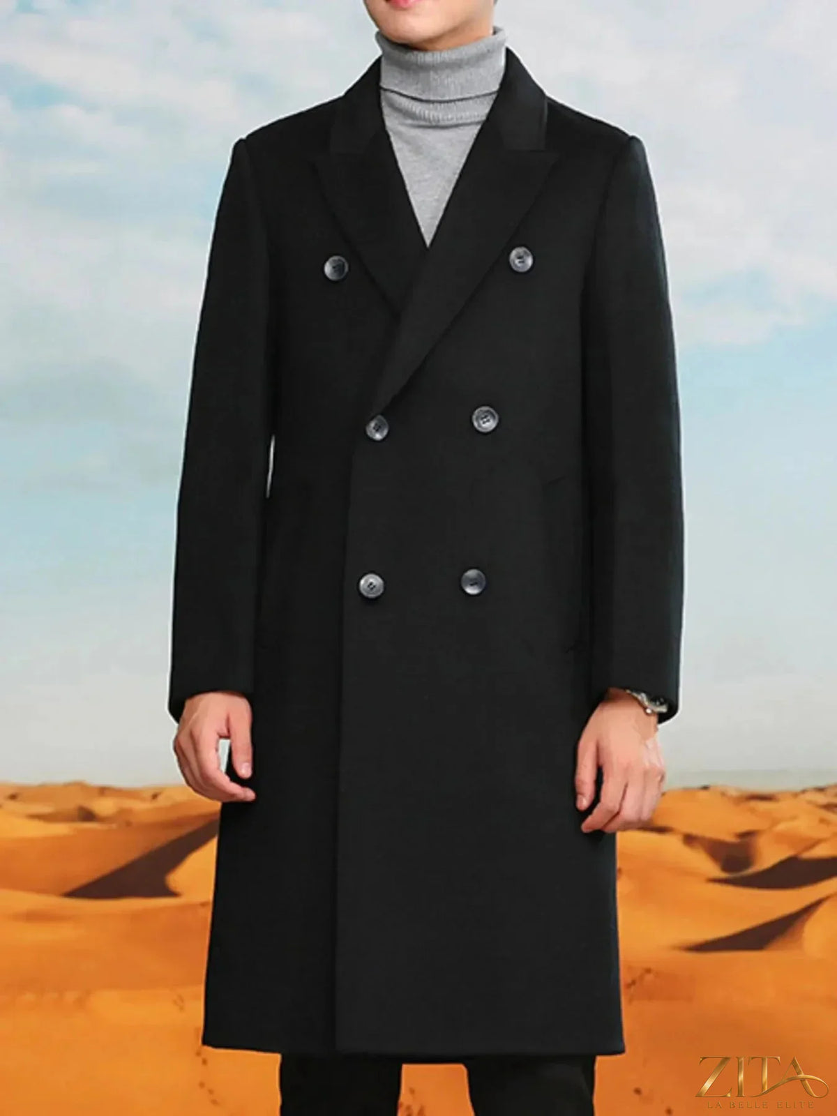 Men's plus size double-breasted longline coat by Zita La Belle Elite, shown in black, with a tailored fit and stylish lapels.