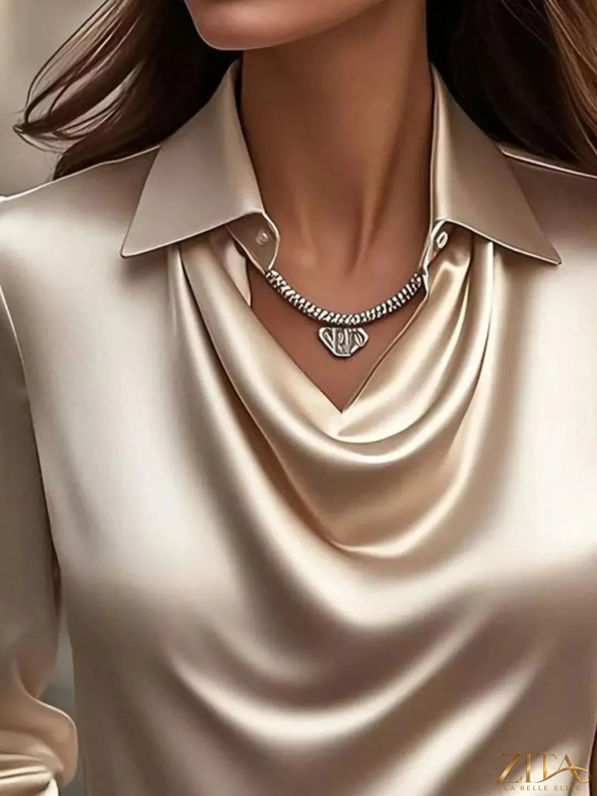 Plus size satin cowl neck long sleeve blouse by Zita La Belle Elite, featuring a smooth, shiny fabric and elegant drape.
