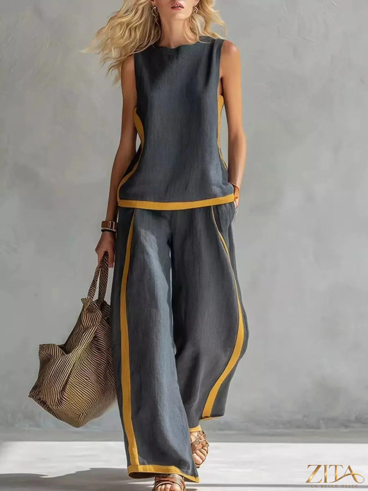 Plus size Zita La Belle Elite contrast stripe tank top and wide-leg pants set, featuring stylish design and comfortable fit.