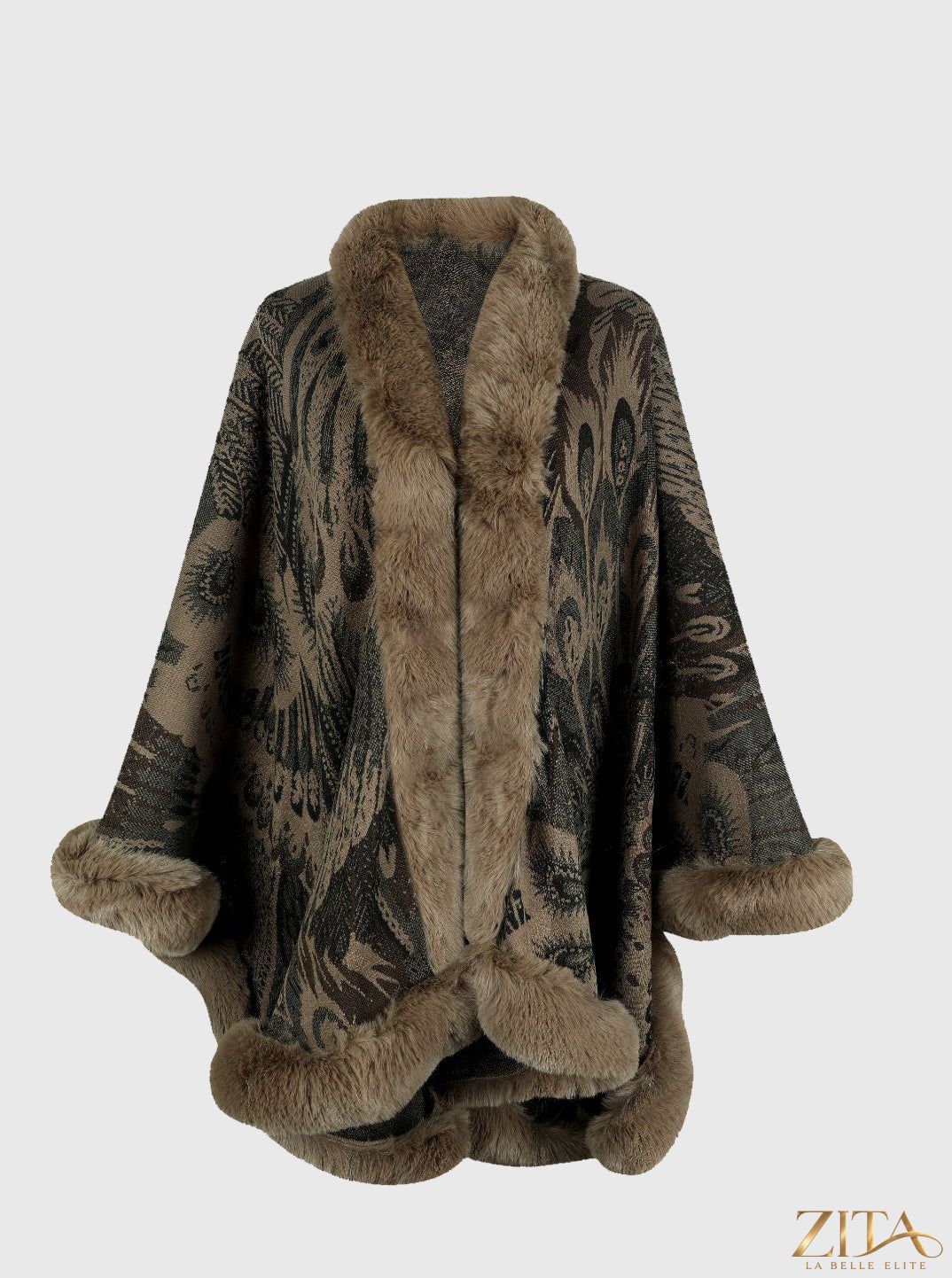 Printed open front poncho from Trendsi featuring a stylish design and lightweight fabric, draped over a mannequin.