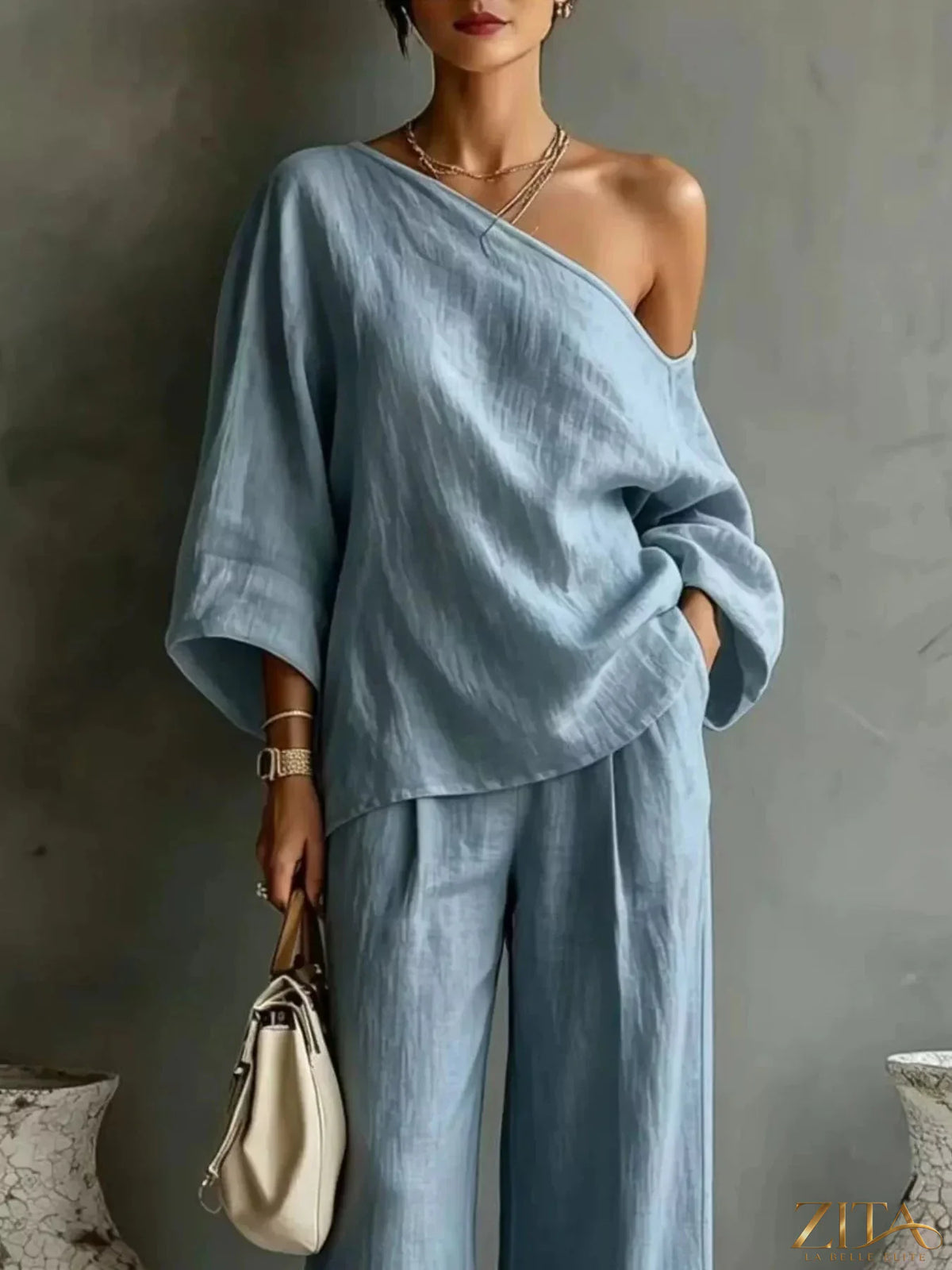 Zita La Belle Elite one shoulder top and wide leg pants set, stylish matching outfit with fitted top and flowing pants.