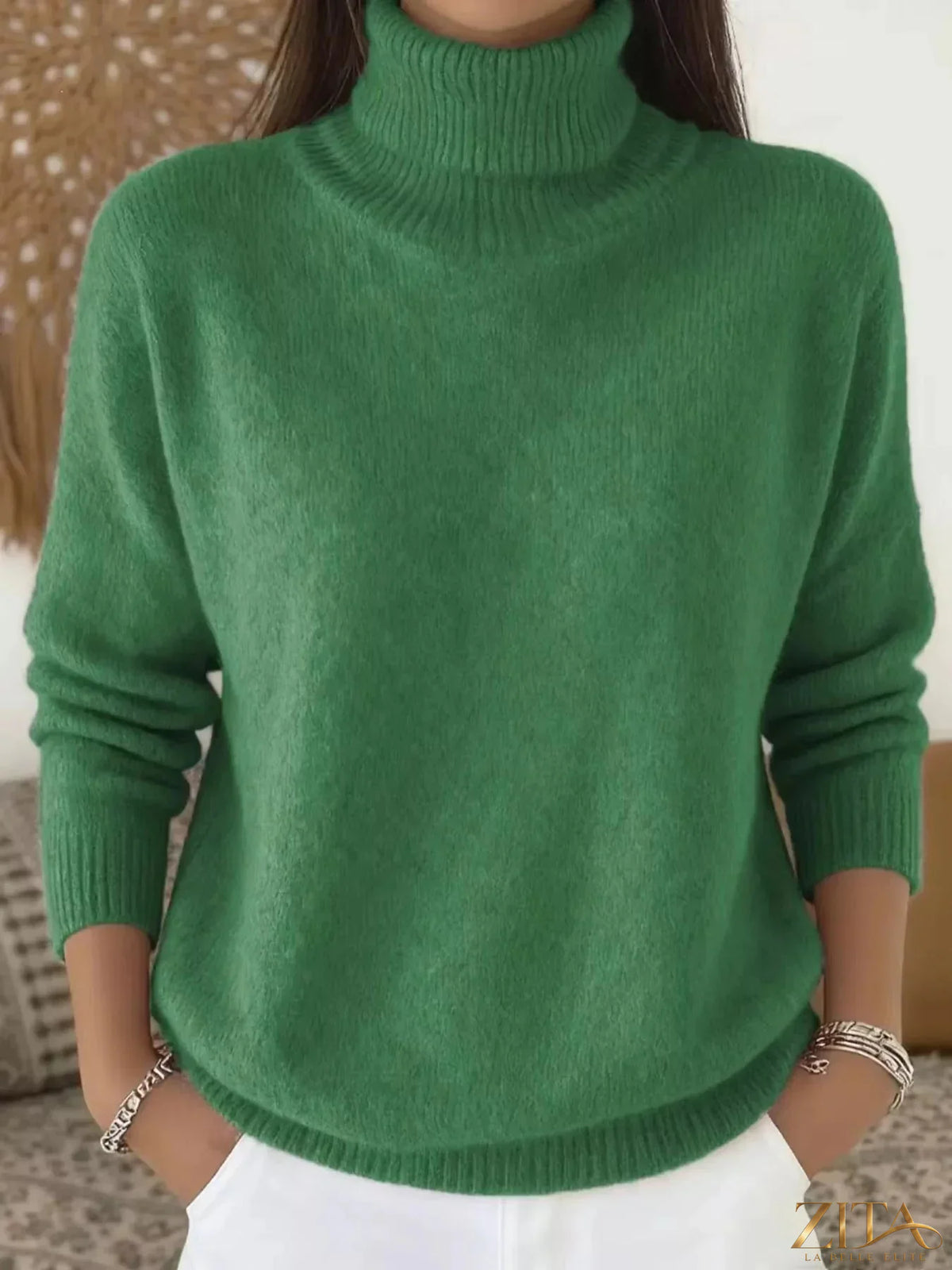 Trendsi turtleneck long sleeve sweater in a neutral color, close-up of soft knit fabric and fitted style.