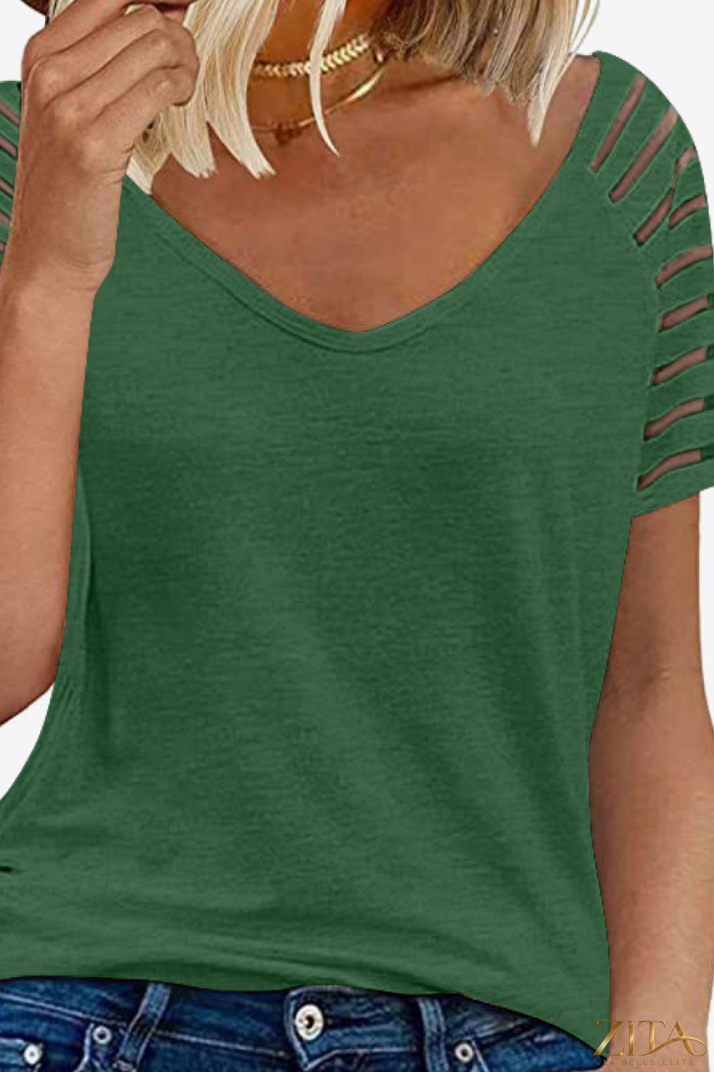 V-Neck Raglan Sleeve Tee by Trendsi, featuring a soft fabric with contrasting sleeve colors and a classic relaxed fit.