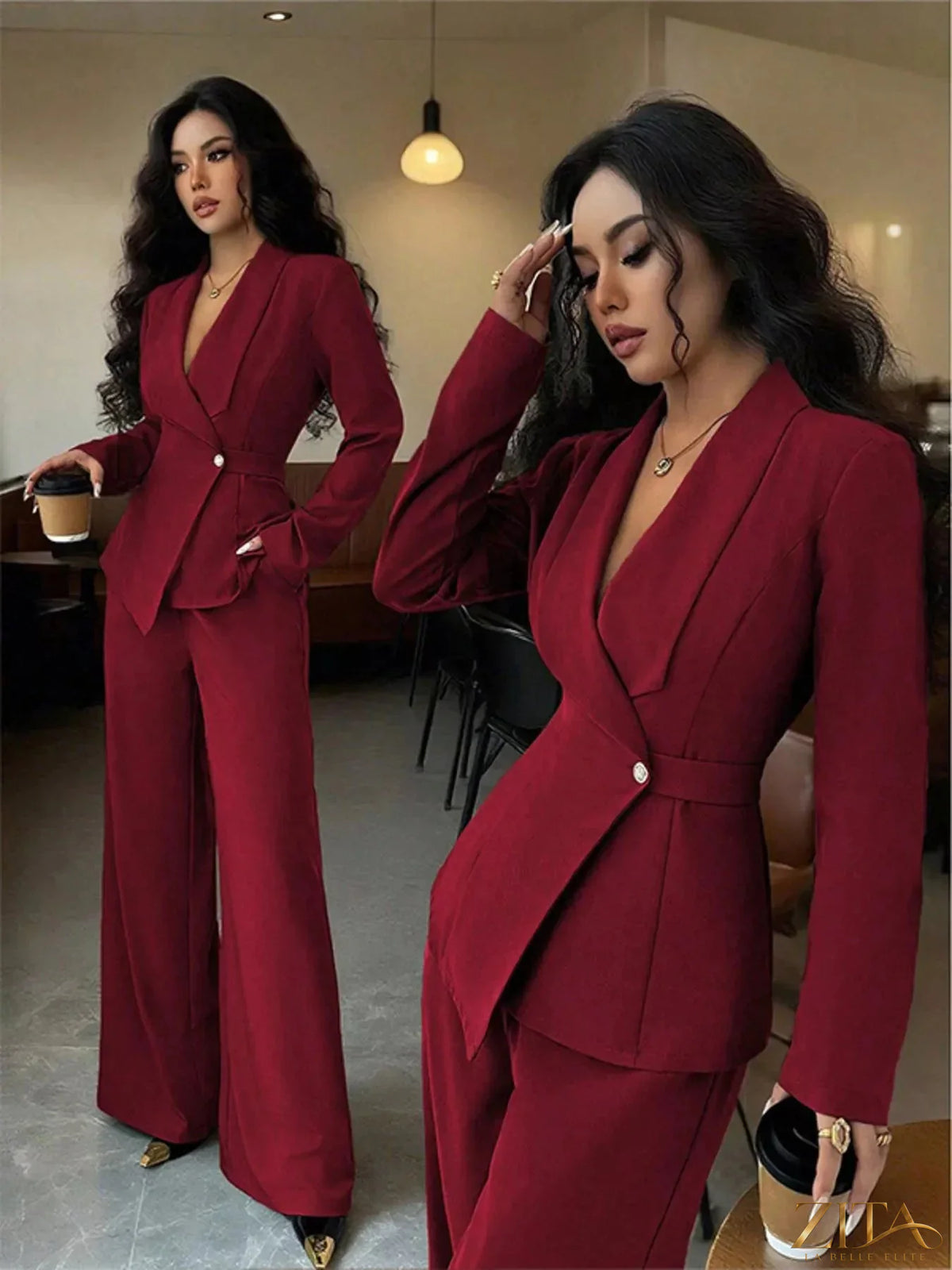 Zita La Belle Elite one-button blazer and matching pants set, tailored fit, dark fabric, stylish and elegant women’s formal outfit.