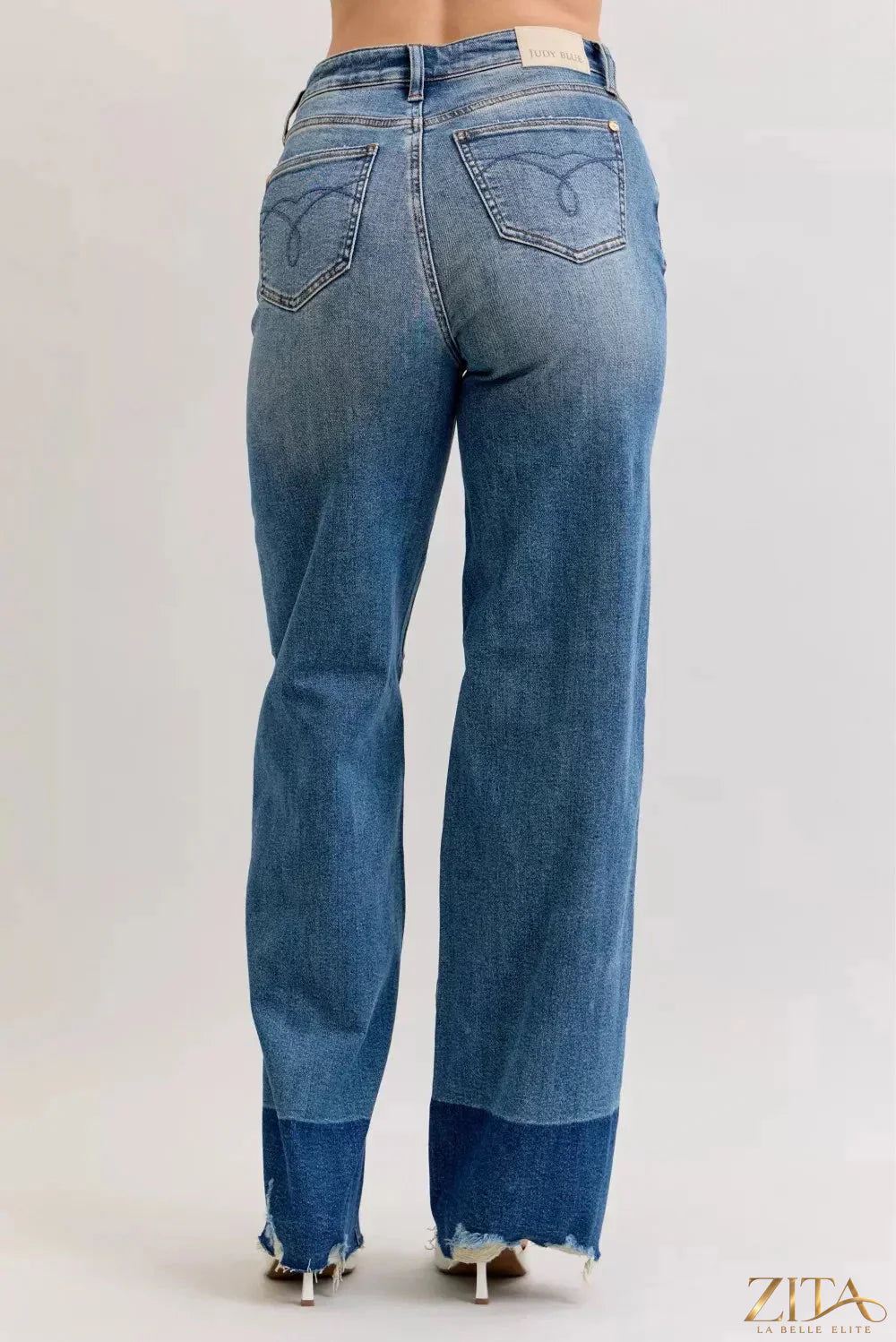 Zita La Belle Elite Judy Blue raw hem high waist column straight jeans displayed on a model.