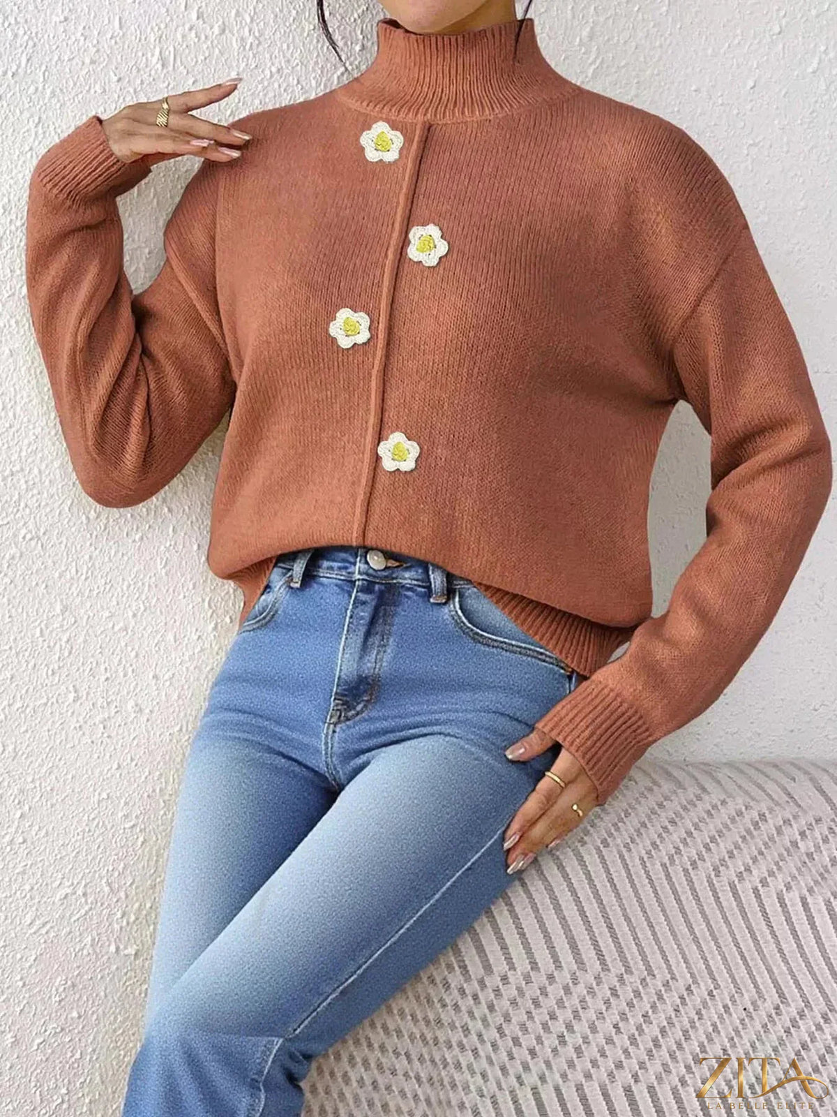 Zita La Belle Elite floral applique turtleneck sweater featuring colorful embroidered floral patterns on soft knit fabric.