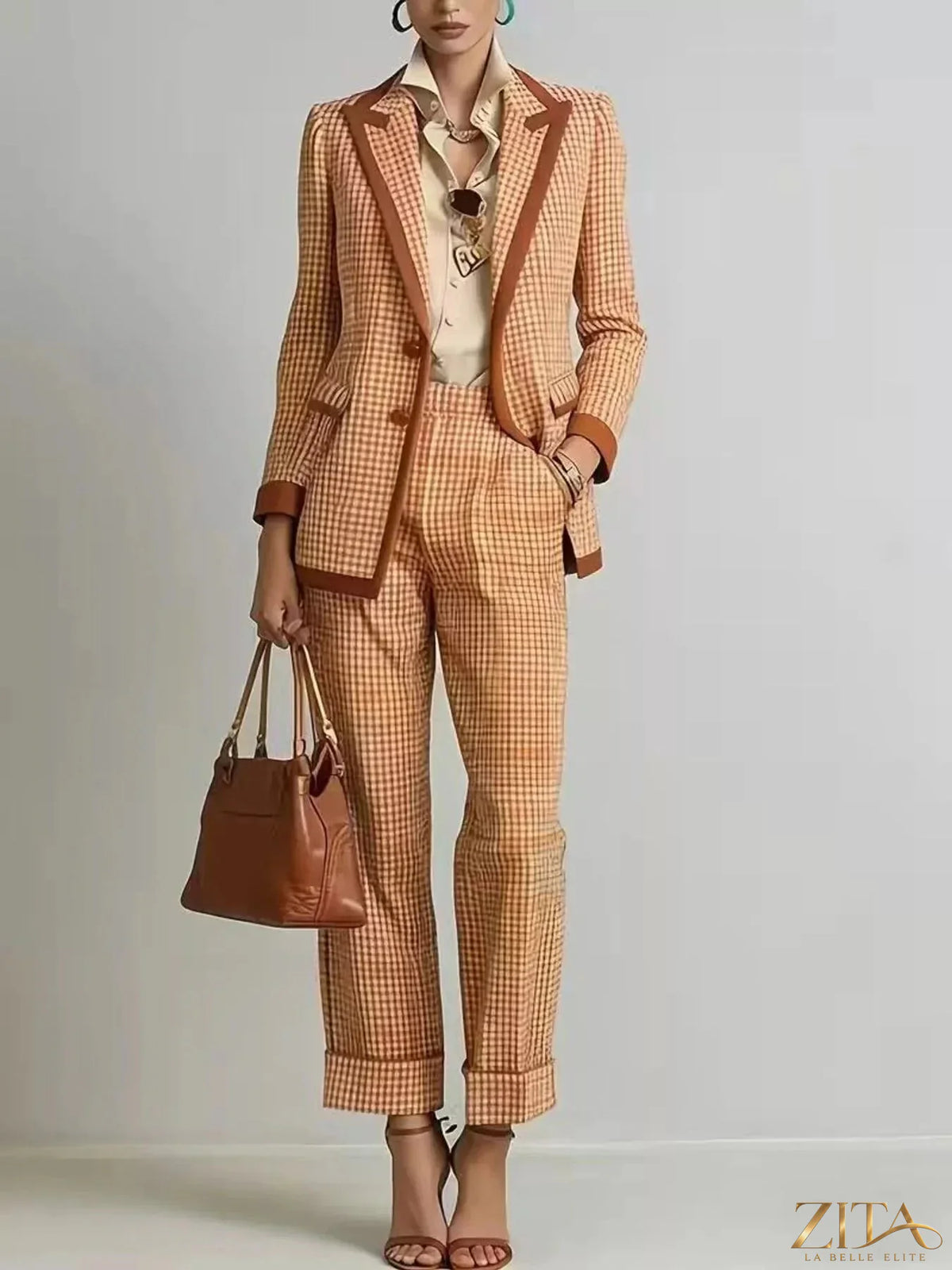 Zita La Belle Elite plaid blazer and pants suit set featuring a tailored fit and classic pattern, perfect for stylish office wear