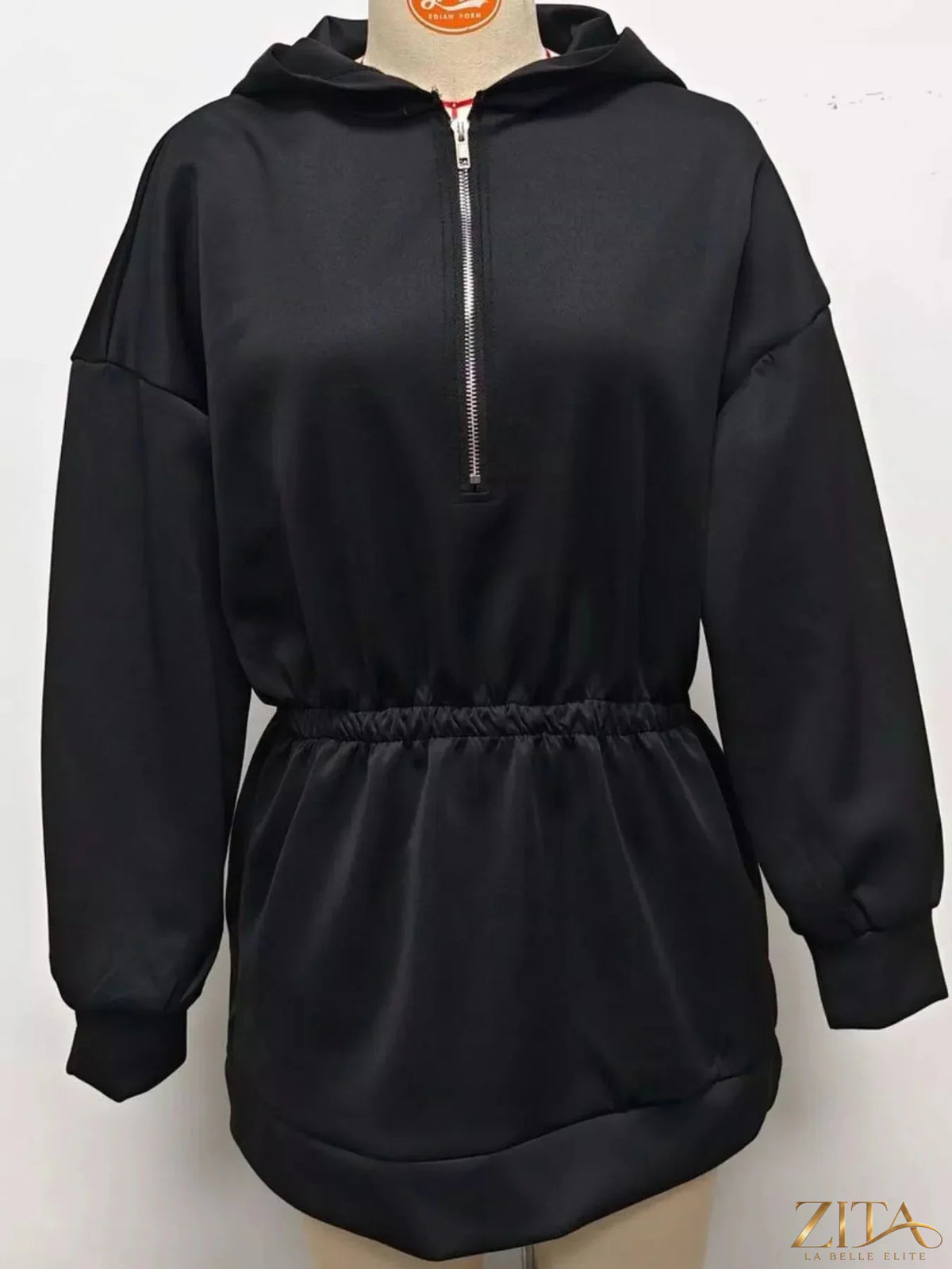 Zita La Belle Elite casual hooded quarter-zip sweatshirt dress in soft fabric, shown on a model with front pockets and relaxed fit.