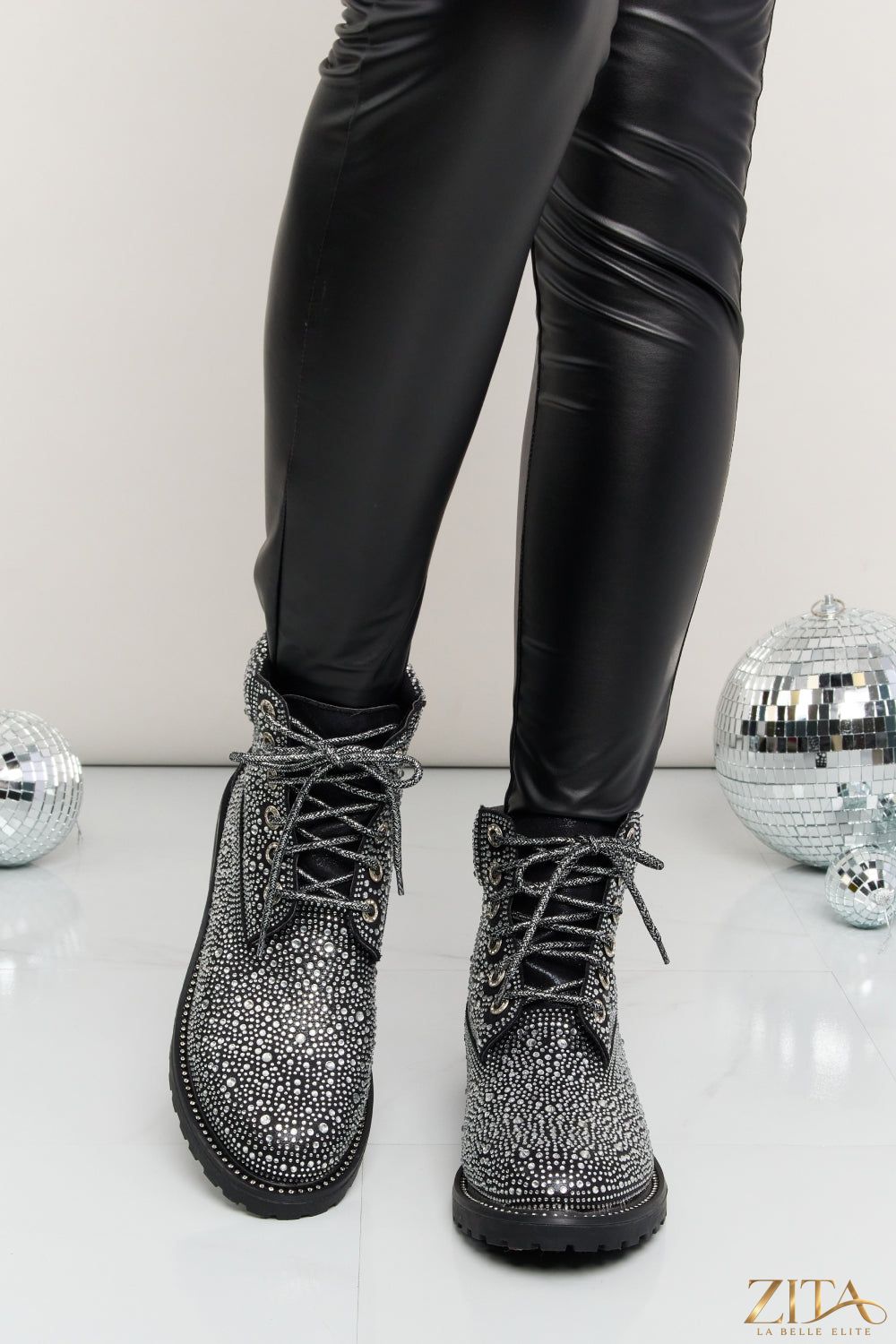 Zita La Belle Elite Forever Link rhinestone lace-up combat boots with silver embellishments and sturdy black sole.