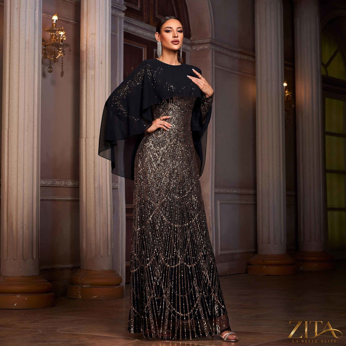 Women’s long sleeve sequin A-line evening dress with matching shawl by Zita La Belle Elite, featuring a shimmering sequined design.