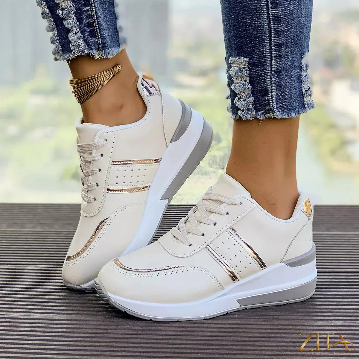 Zita La Belle Elite round toe lace-up sneakers with white soles and stylish design, perfect for casual wear.