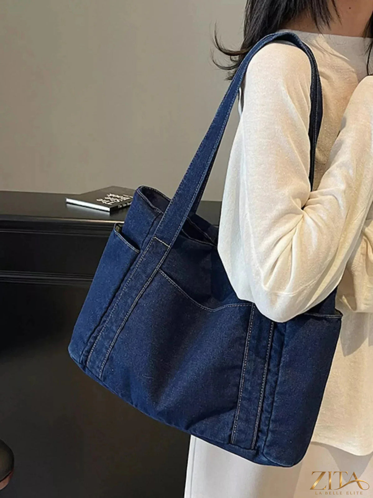 Zita La Belle Elite denim tote shoulder bag with sturdy straps and spacious interior, perfect for casual everyday use.