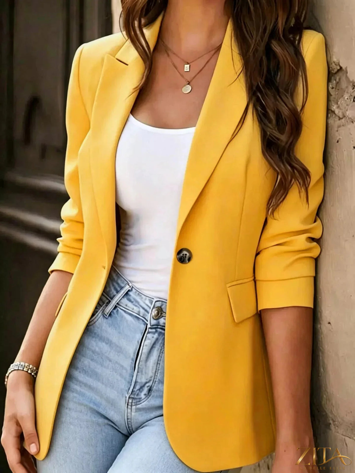 Plus size Zita La Belle Elite blazer with full size, single-breasted design and classic lapel collar, showcased on a model.