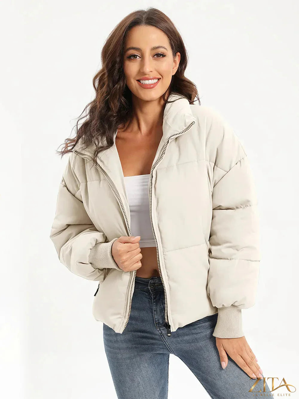 Zita La Belle Elite zip-up turtleneck long sleeve puffer jacket in black, featuring a quilted design and front zipper closure.