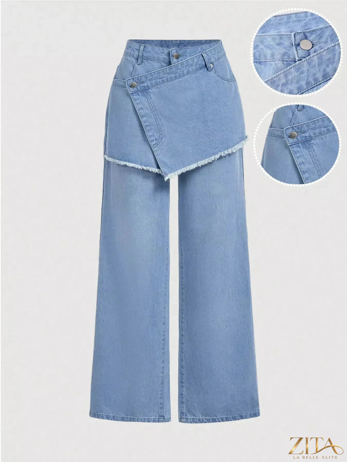 Asymmetric raw hem wide-leg jeans by Zita La Belle Elite with a relaxed fit and distressed detailing, displayed on a model.