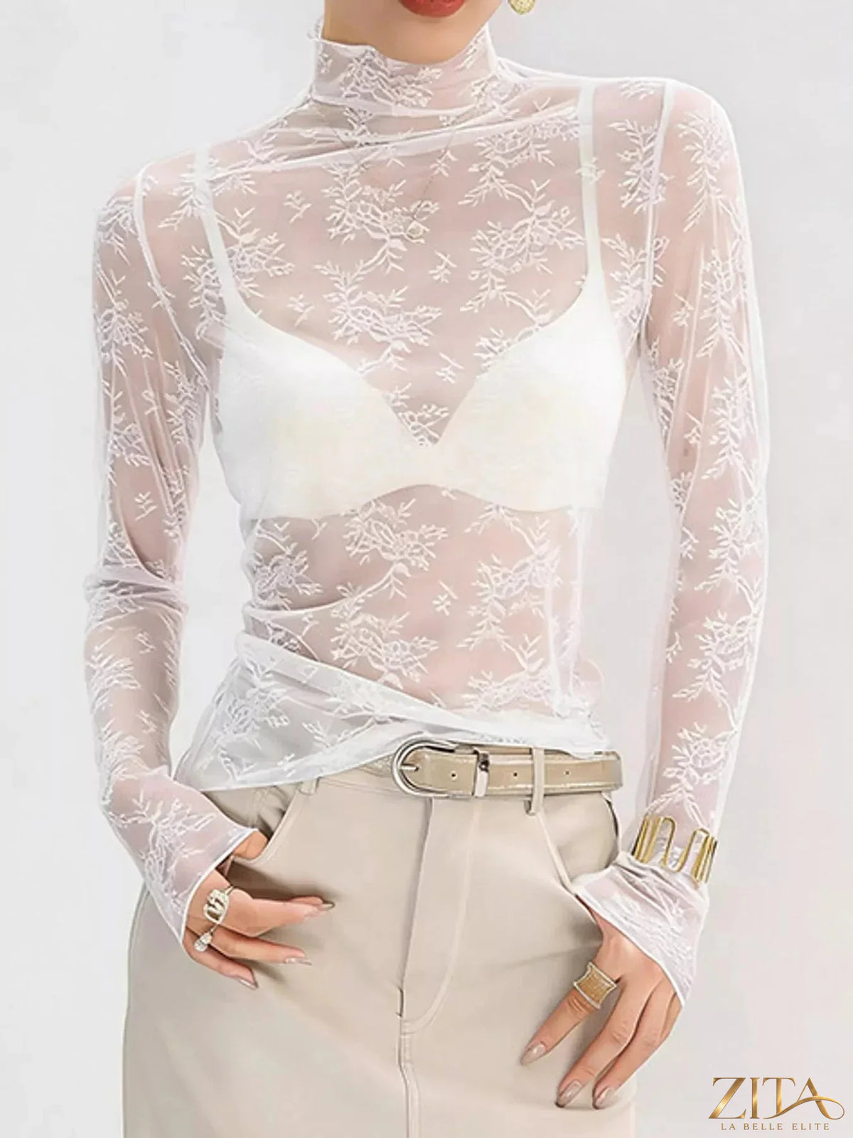 Sheer floral lace mock neck long sleeve blouse by Zita La Belle Elite, featuring delicate lace and elegant design.