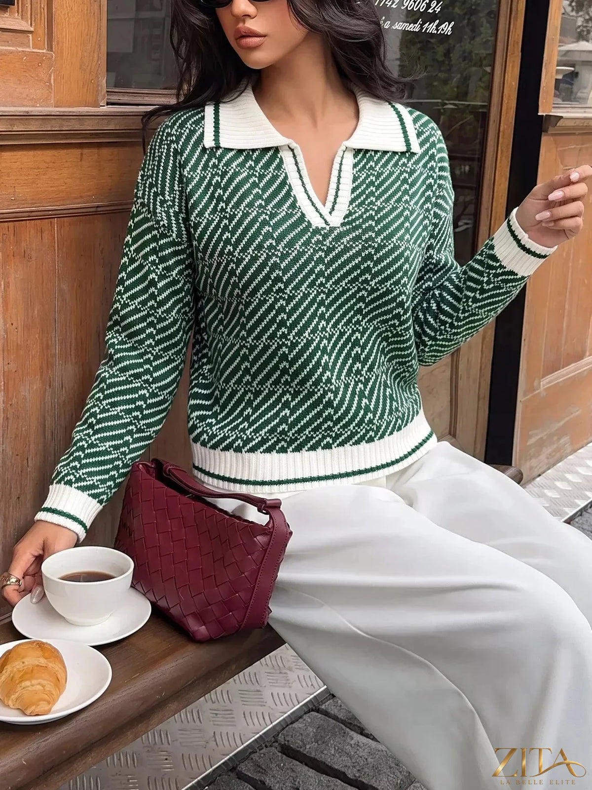 Zita La Belle Elite geometric patterned collared sweater featuring a stylish design and a comfortable fit.