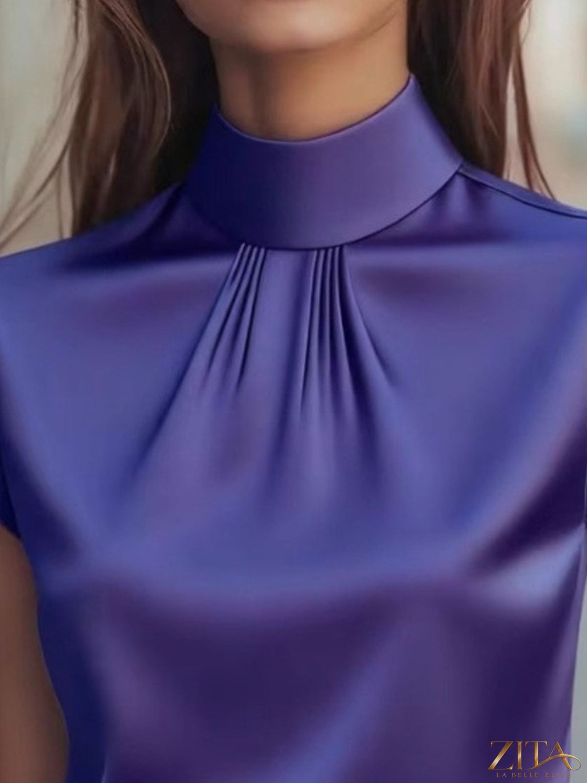 Zita La Belle Elite high neck satin blouse with cap sleeves, showcasing smooth fabric and elegant design.