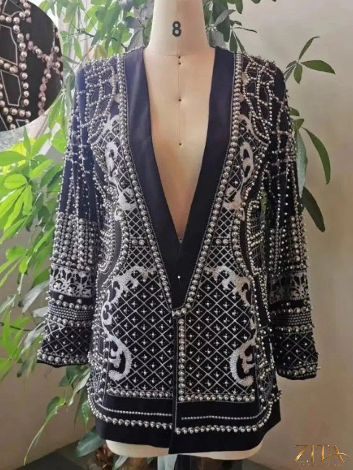Plus size Zita La Belle Elite blazer with embellished pearls, featuring a single-button design and tailored fit.