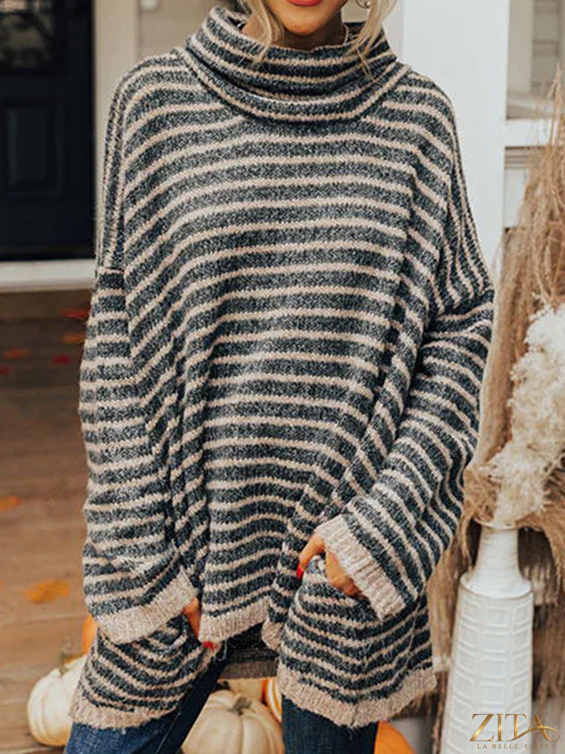 Zita La Belle Elite striped turtleneck sweater with pockets, featuring a cozy knit design in vibrant colors.
