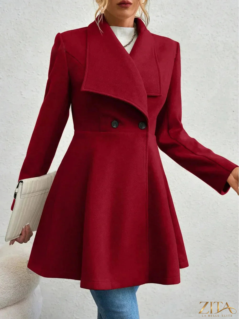 Zita La Belle Elite collared long sleeve button-up coat with a classic design, shown in a stylish fabric with detailed collar and buttons.