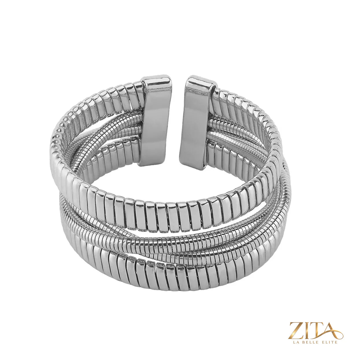 Multi-layered open bracelet by Zita La Belle Elite featuring multiple silver-toned bands and minimalist design.